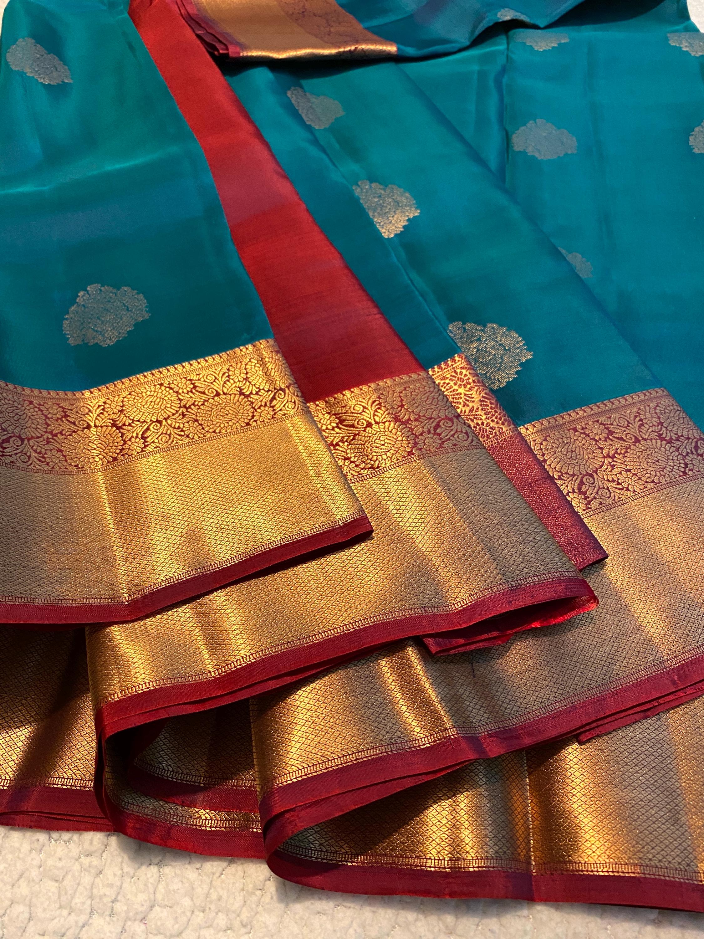 Pure Kanchipuram Silk Saree | Peacock Blue Dual Tone with Maroon Zari Border