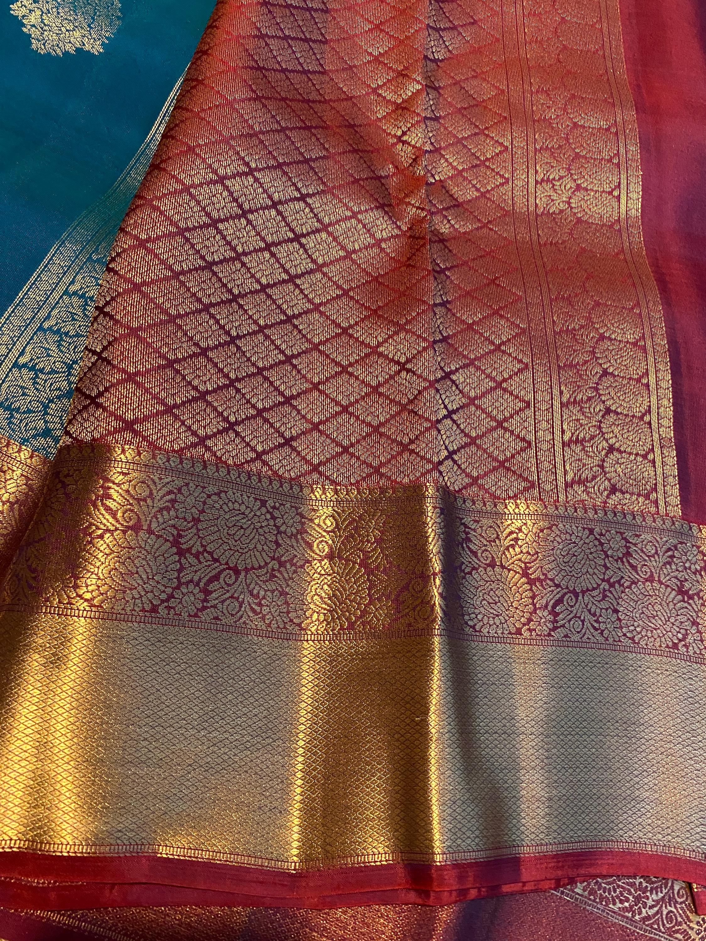 Pure Kanchipuram Silk Saree | Peacock Blue Dual Tone with Maroon Zari Border