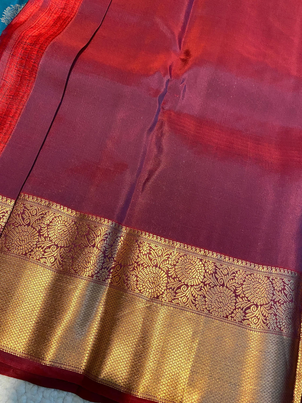 Pure Kanchipuram Silk Saree | Peacock Blue Dual Tone with Maroon Zari Border