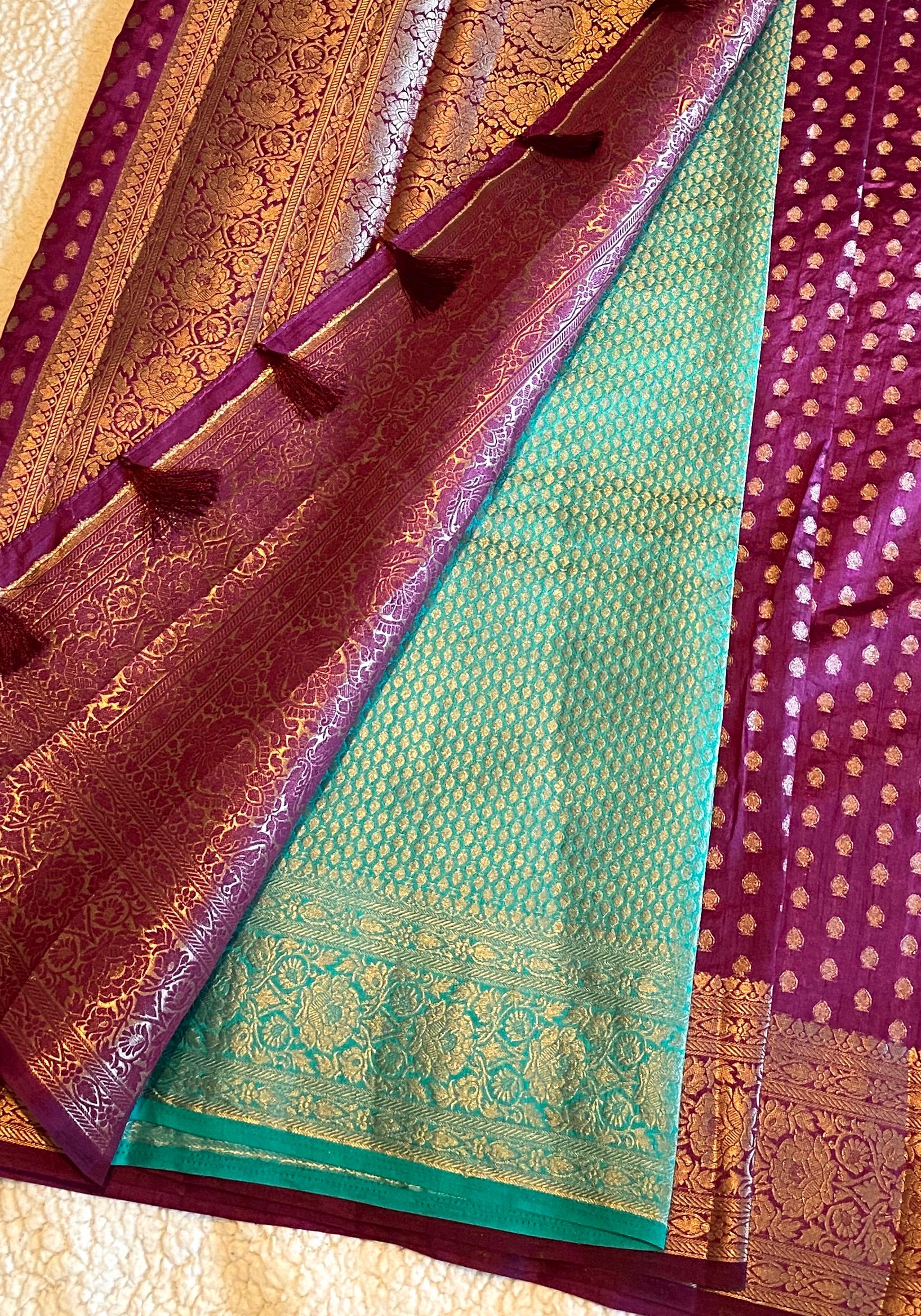 Rich Purple / Plum Fancy Tussar Silk Saree with Teal Green Brocade Blouse