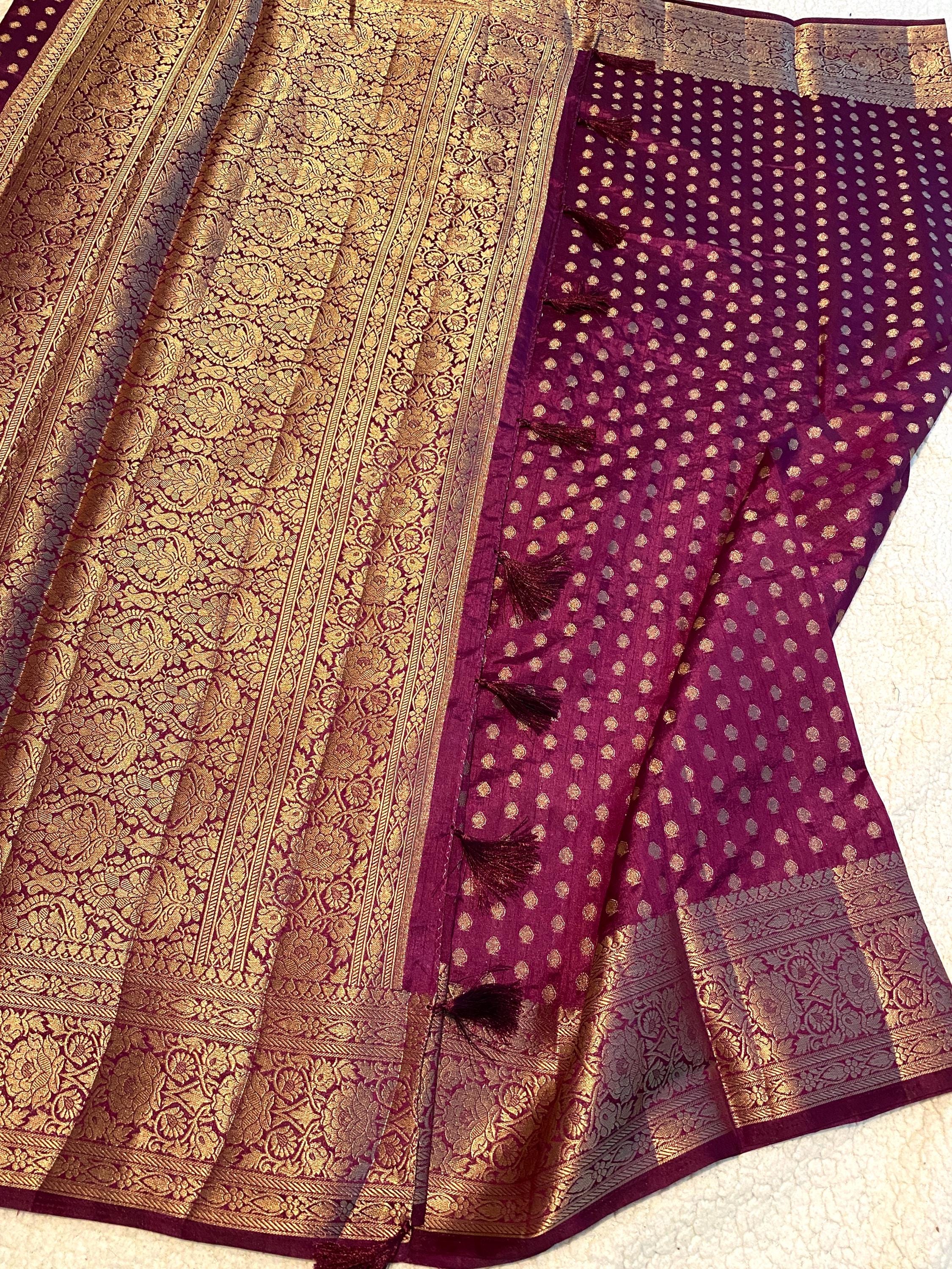 Rich Purple / Plum Fancy Tussar Silk Saree with Teal Green Brocade Blouse