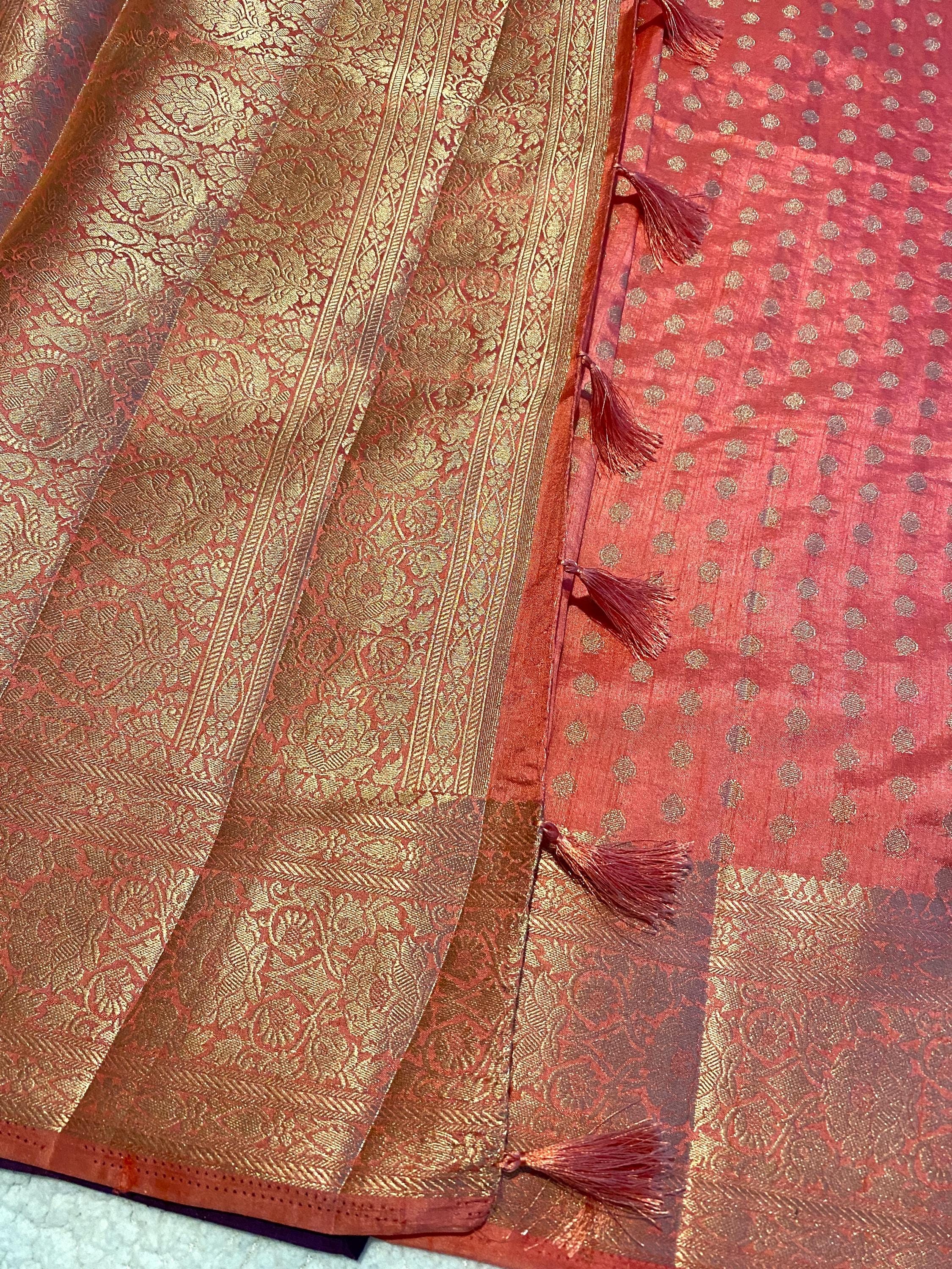 Coral Pink Fancy Tussar Silk Saree with Deep Purple Brocade Blouse | Lightweight Wedding & Festive Wear | UK