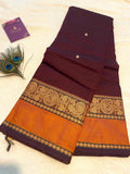 Pure Kanchi Cotton Saree – Dark Maroon with Mustard-Orange Border | Traditional Indian Saree | Festive & Everyday Wear | UK Seller