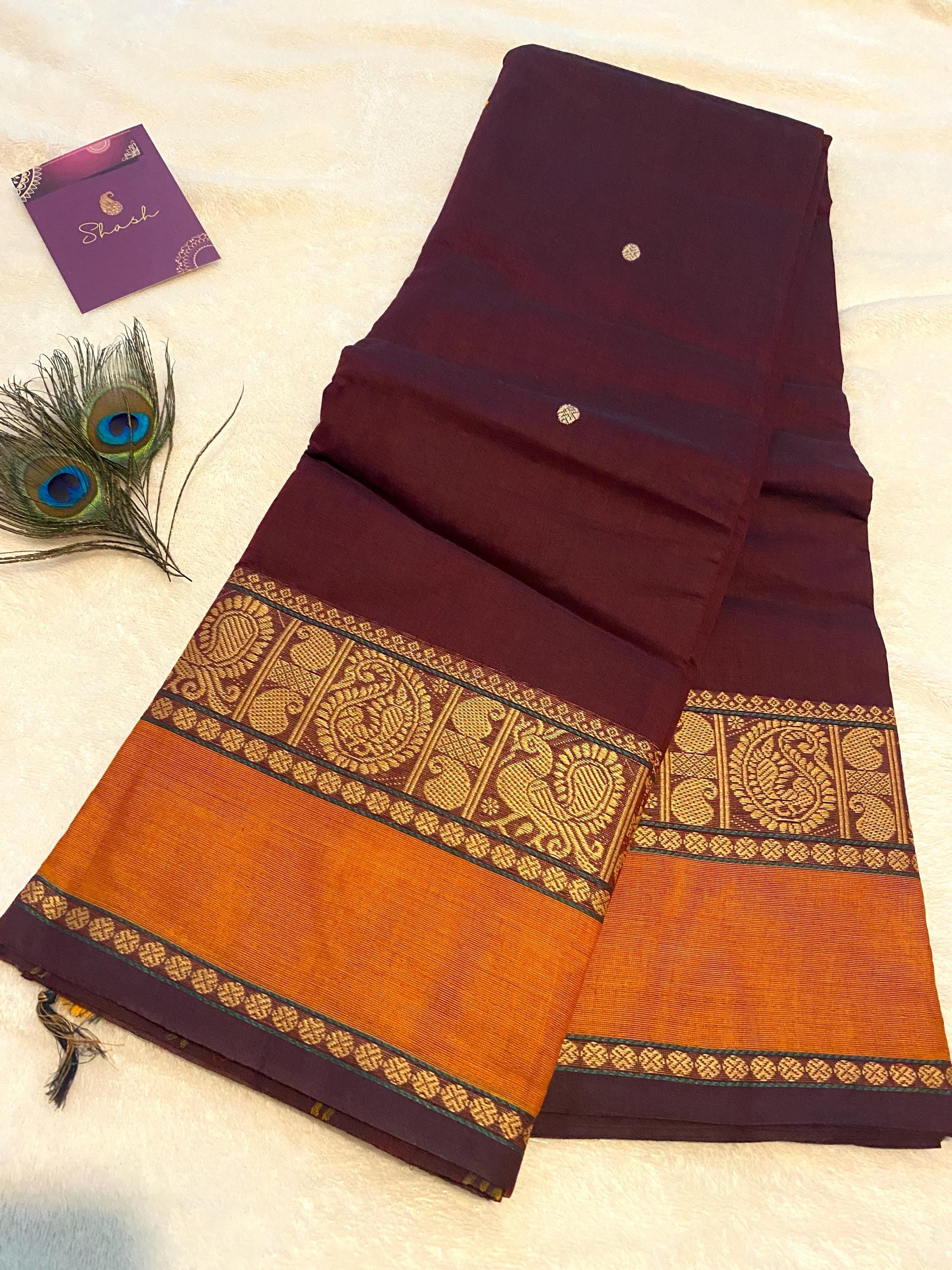 Pure Kanchi Cotton Saree – Dark Maroon with Mustard-Orange Border | Traditional Indian Saree | Festive & Everyday Wear | UK Seller