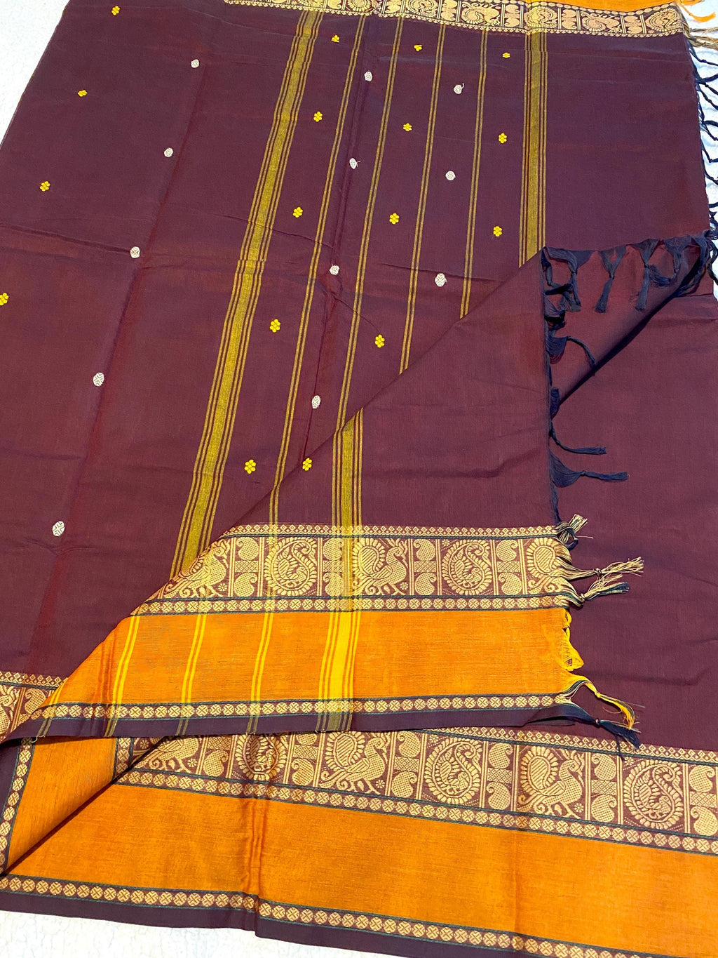 Pure Kanchi Cotton Saree – Dark Maroon with Mustard-Orange Border | Traditional Indian Saree | Festive & Everyday Wear | UK Seller