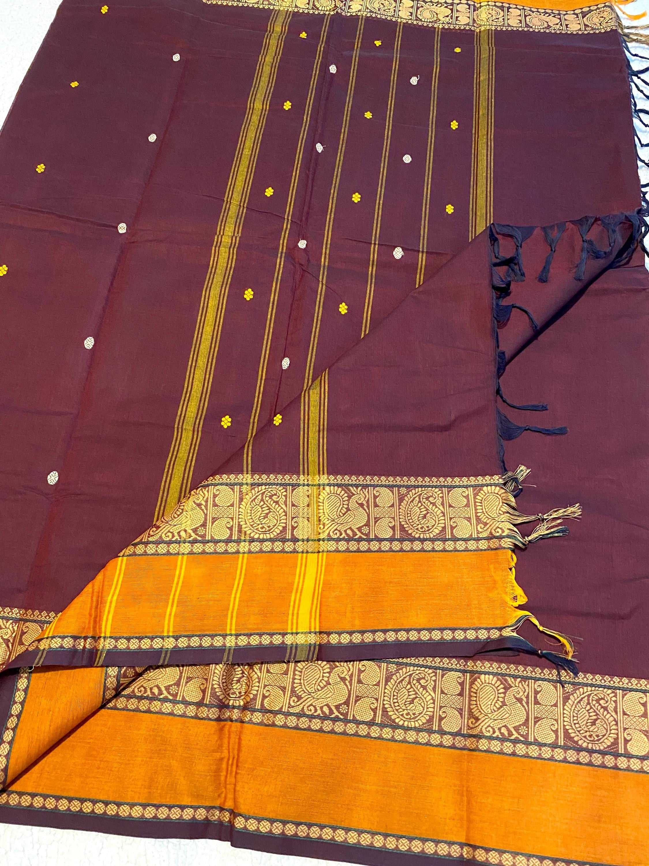 Pure Kanchi Cotton Saree – Dark Maroon with Mustard-Orange Border | Traditional Indian Saree | Festive & Everyday Wear | UK Seller