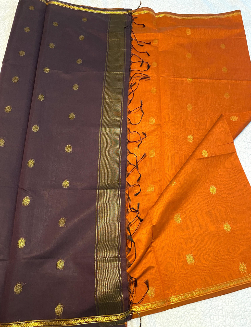 Maheshwari Cotton Silk Saree – Rust Orange with Dark Plum Pallu & Blouse