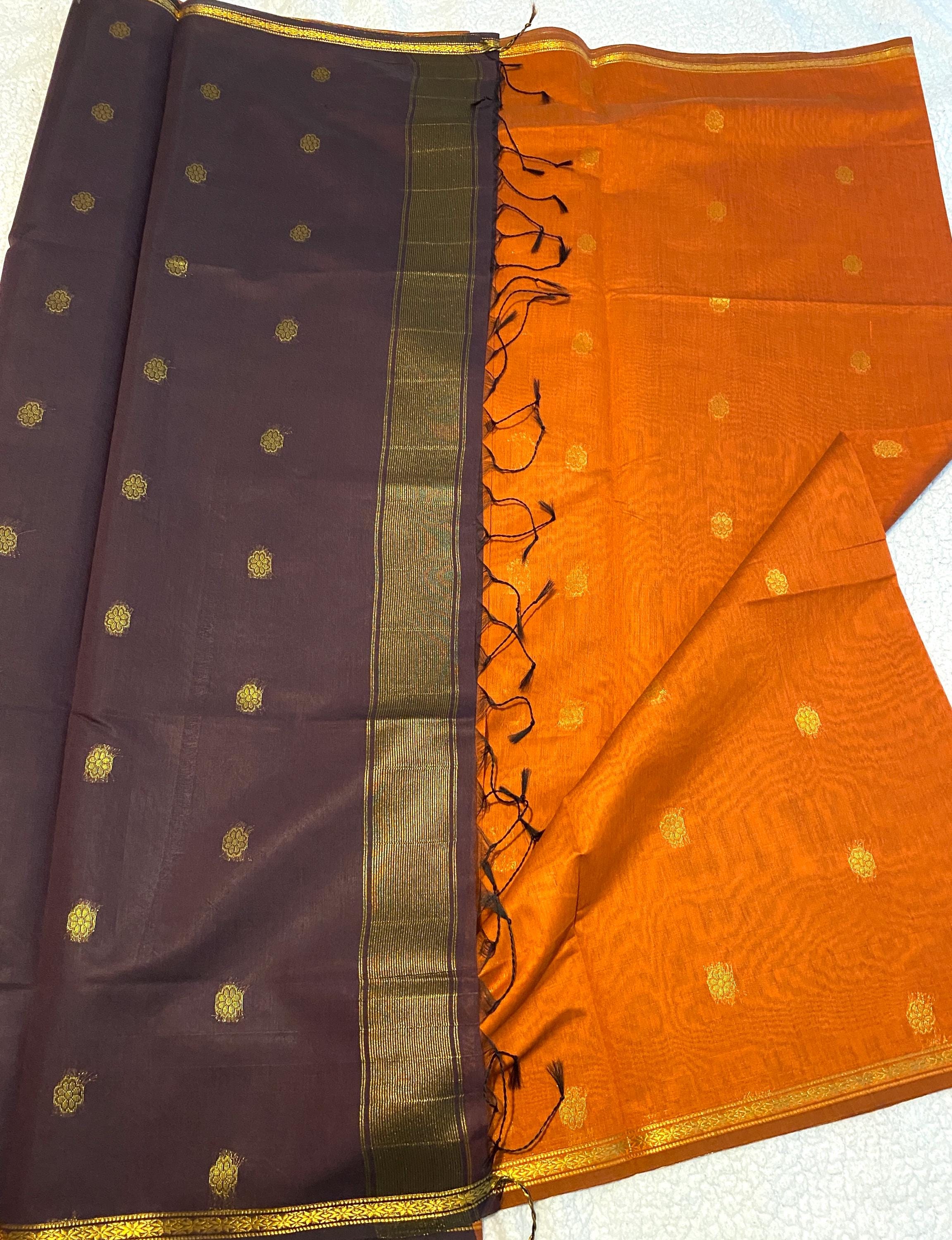 Maheshwari Cotton Silk Saree – Rust Orange with Dark Plum Pallu & Blouse