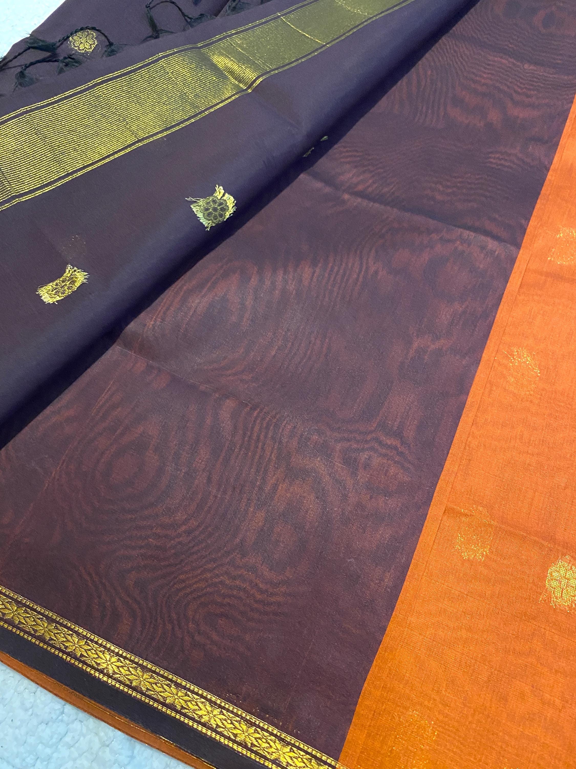 Maheshwari Cotton Silk Saree – Rust Orange with Dark Plum Pallu & Blouse