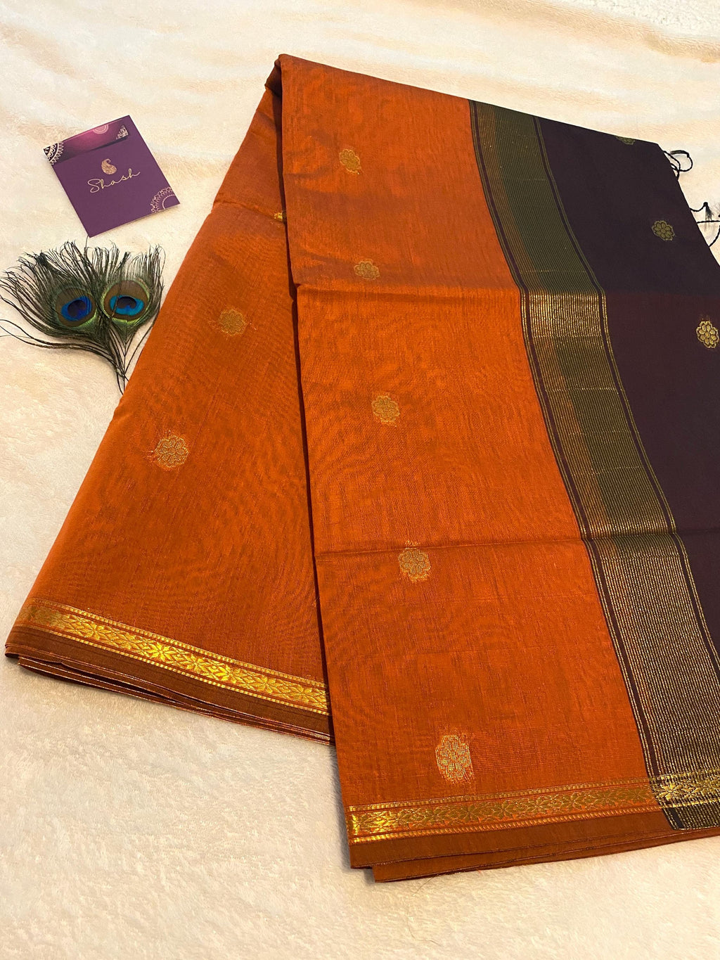 Maheshwari Cotton Silk Saree – Rust Orange with Dark Plum Pallu & Blouse