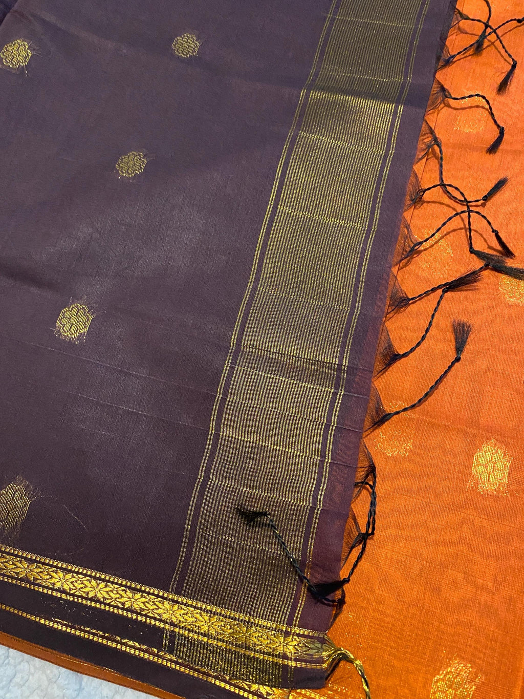 Maheshwari Cotton Silk Saree – Rust Orange with Dark Plum Pallu & Blouse