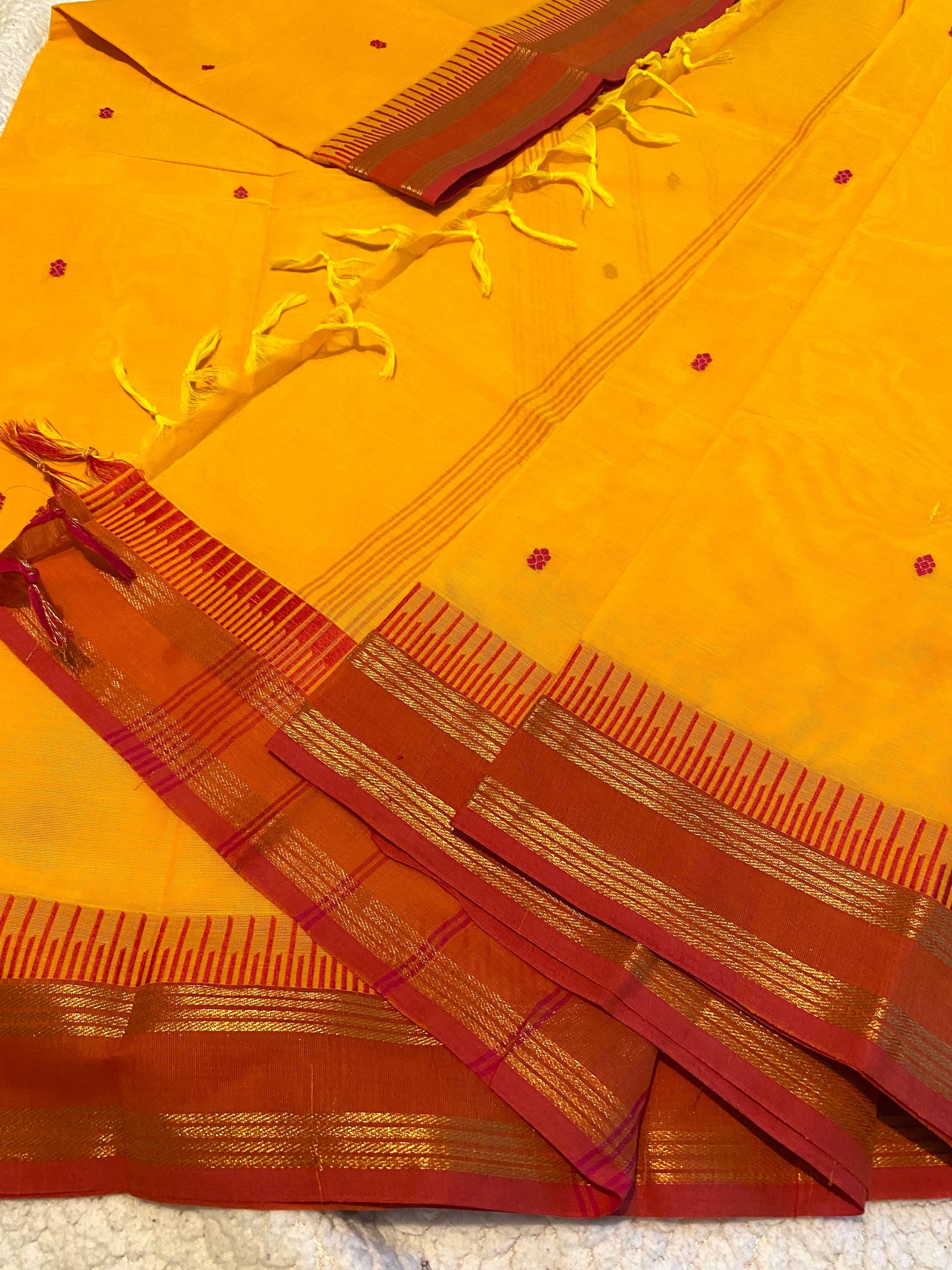 Pure Kanchi Cotton Saree – Bright Turmeric Yellow with Reddish Orange Borders