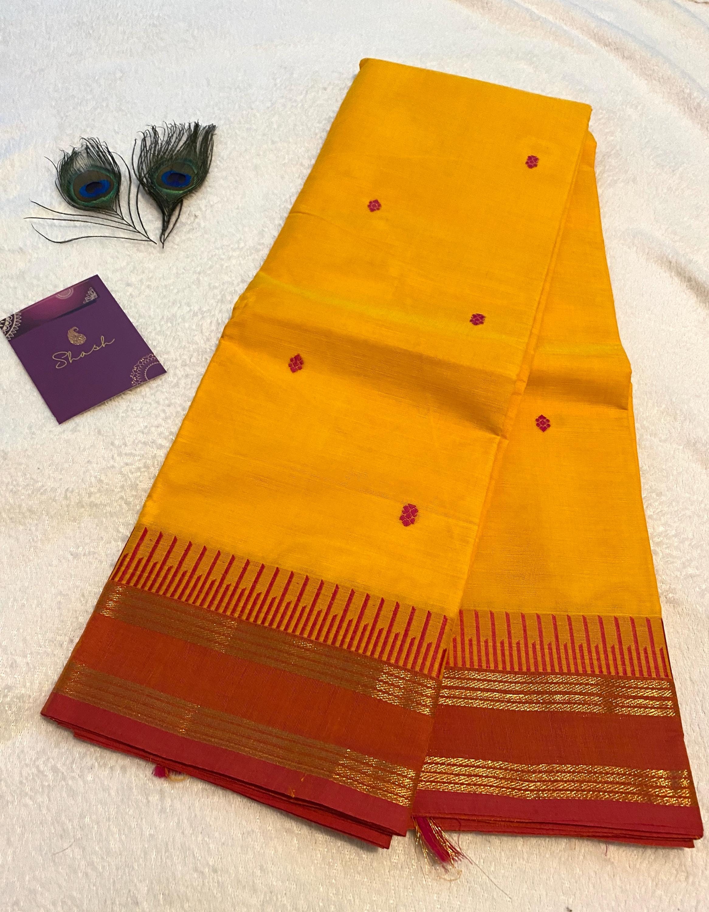 Pure Kanchi Cotton Saree – Bright Turmeric Yellow with Reddish Orange Borders