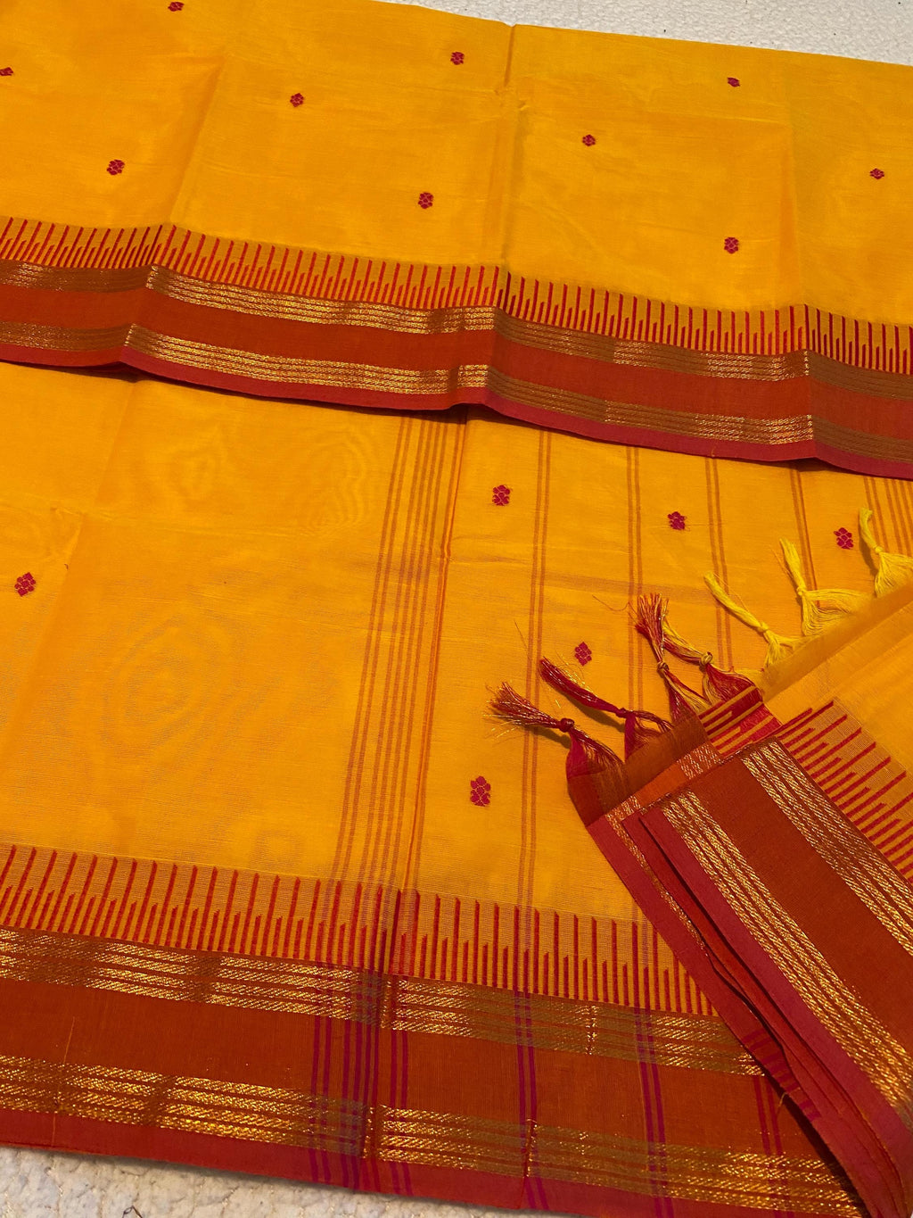 Pure Kanchi Cotton Saree – Bright Turmeric Yellow with Reddish Orange Borders