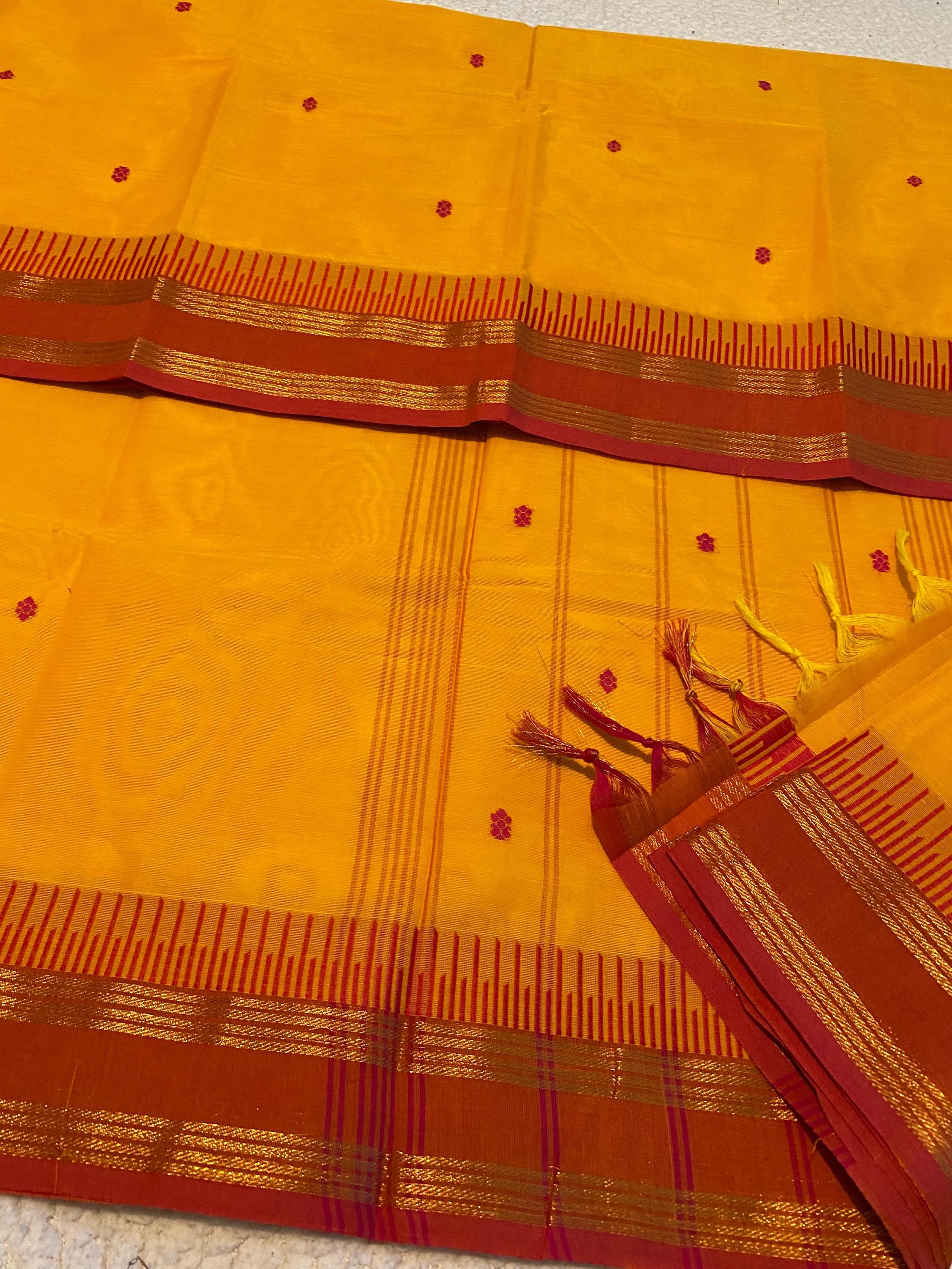 Pure Kanchi Cotton Saree – Bright Turmeric Yellow with Reddish Orange Borders