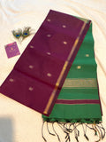 Maheshwari Cotton Silk Saree – Deep Purple with Green Pallu & Blouse