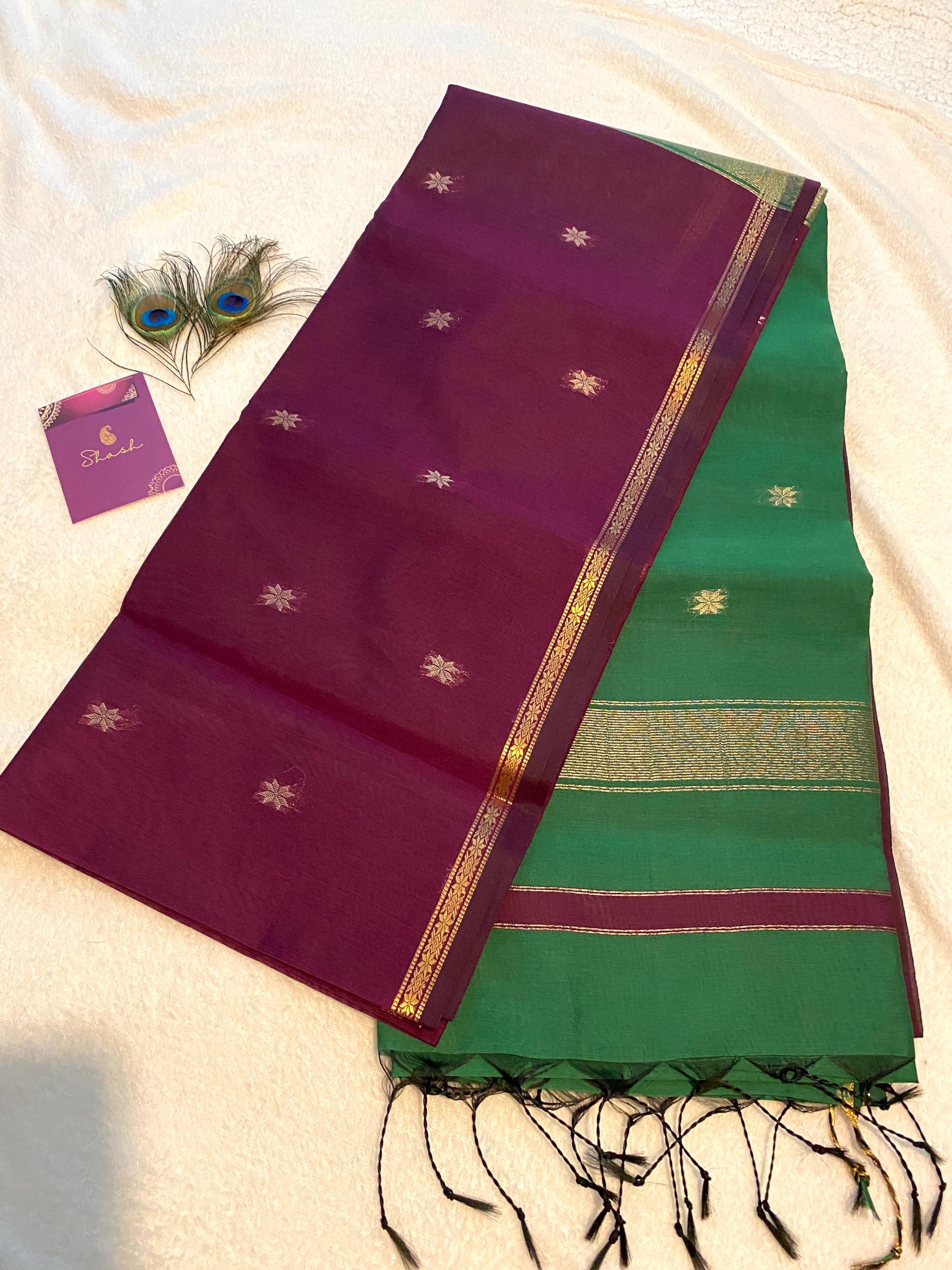 Maheshwari Cotton Silk Saree – Deep Purple with Green Pallu & Blouse