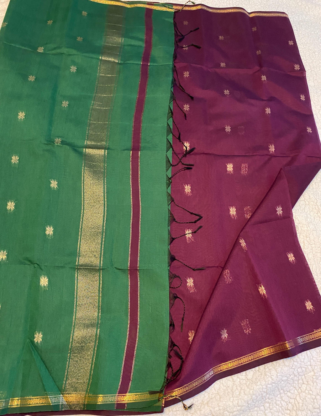 Maheshwari Cotton Silk Saree – Deep Purple with Green Pallu & Blouse