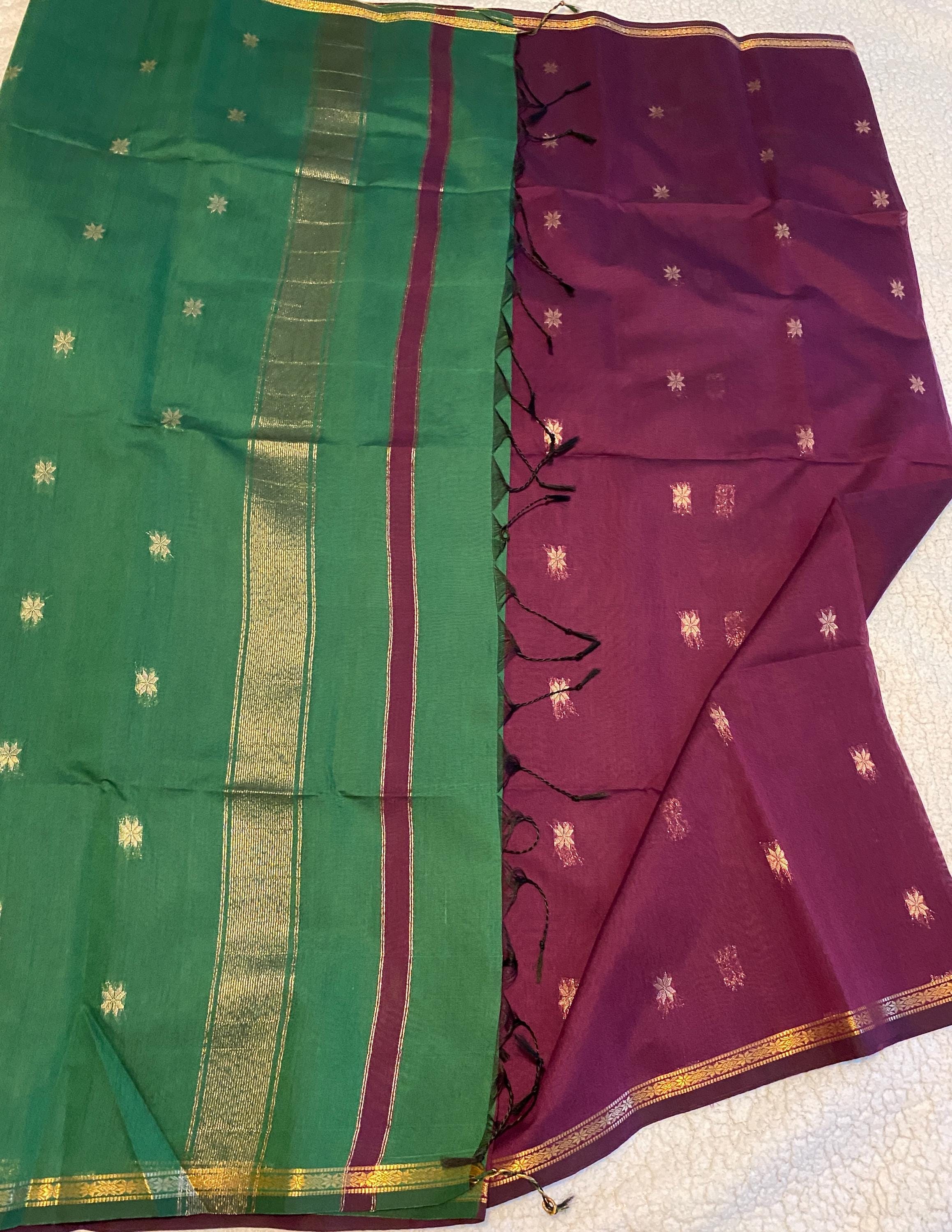 Maheshwari Cotton Silk Saree – Deep Purple with Green Pallu & Blouse