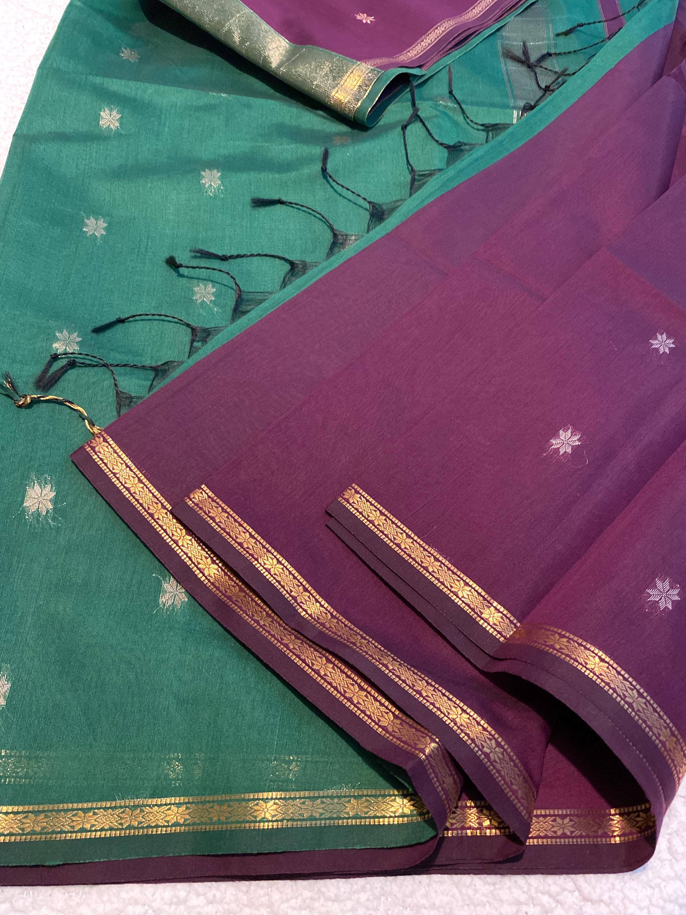 Maheshwari Cotton Silk Saree – Deep Purple with Green Pallu & Blouse