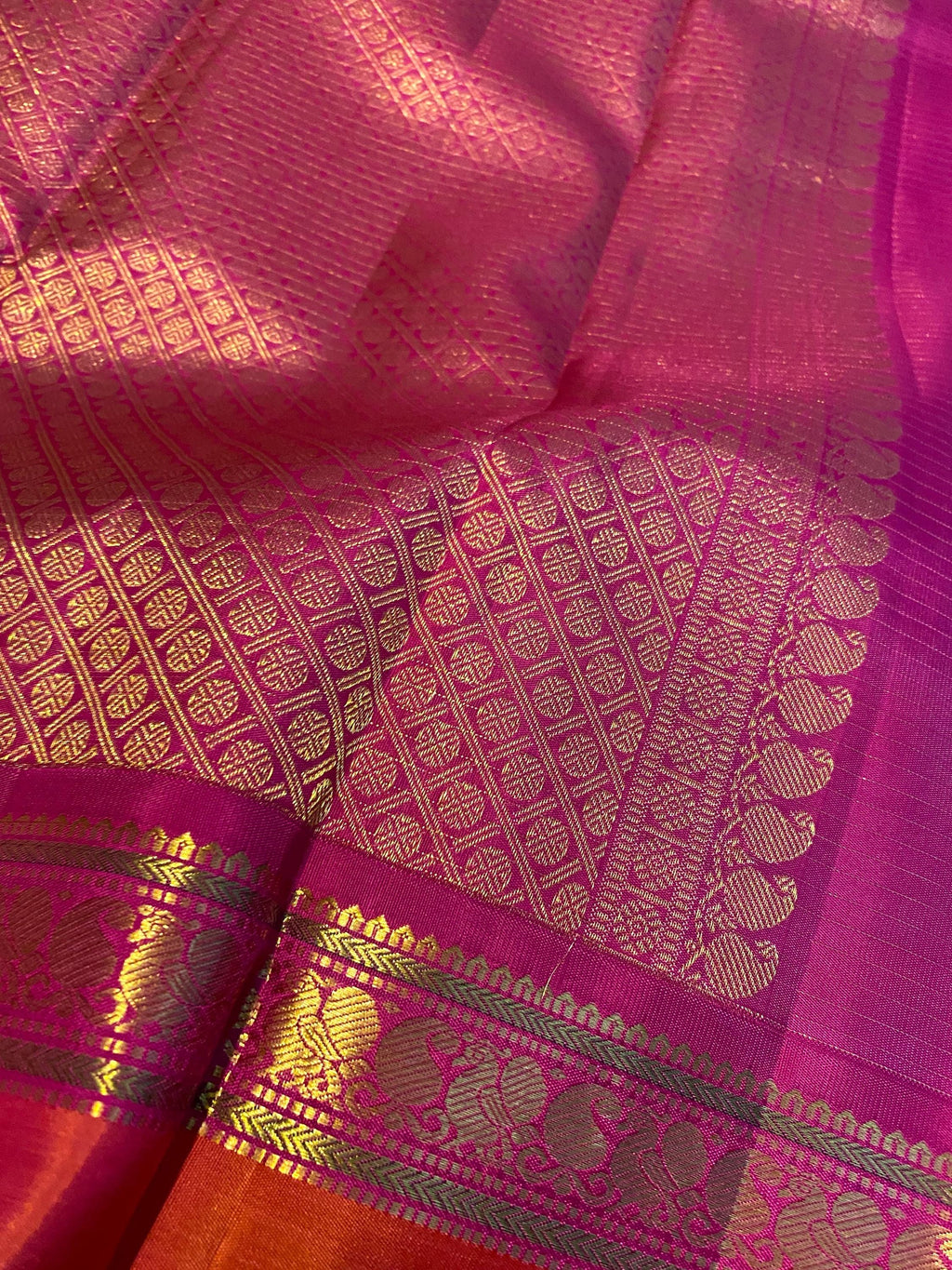 Pure Handloom Kanchipuram Silk Saree | Off-White with Reddish Orange & Magenta Zari Border
