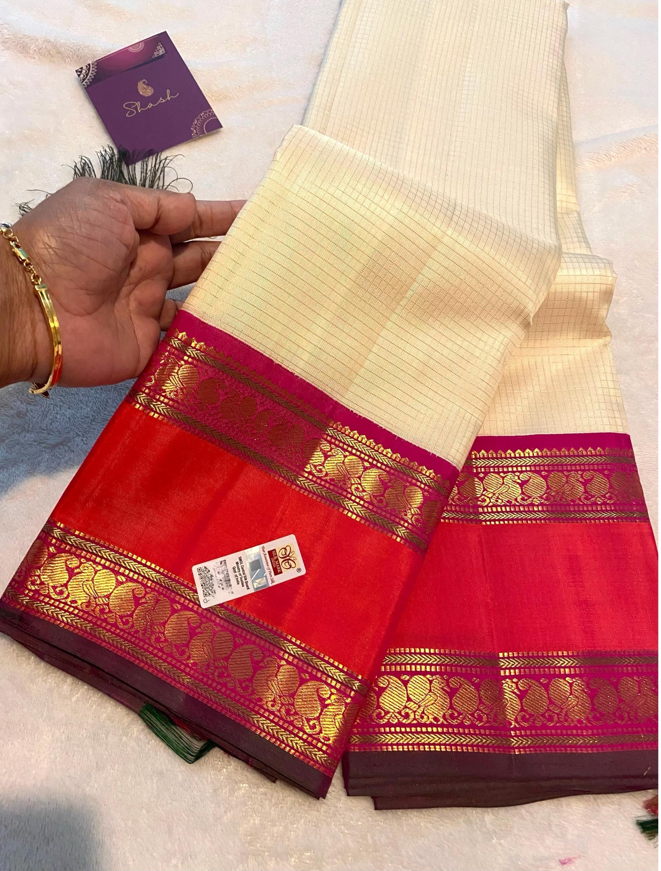 Pure Handloom Kanchipuram Silk Saree | Off-White with Reddish Orange & Magenta Zari Border