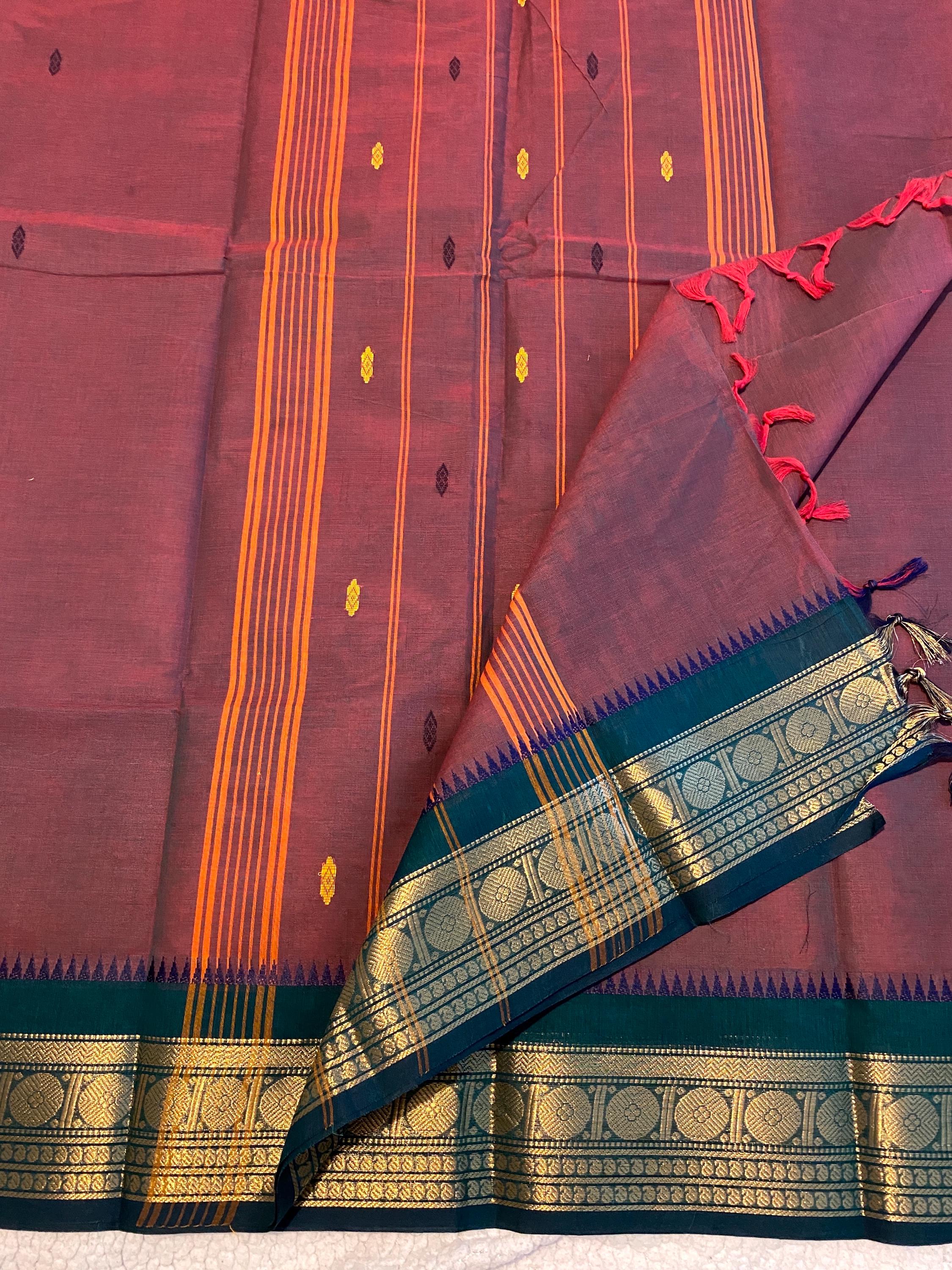 Dual-Tone Brownish Maroon Pure Kanchi Cotton Saree with Green & Gold Border