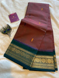 Dual-Tone Brownish Maroon Pure Kanchi Cotton Saree with Green & Gold Border