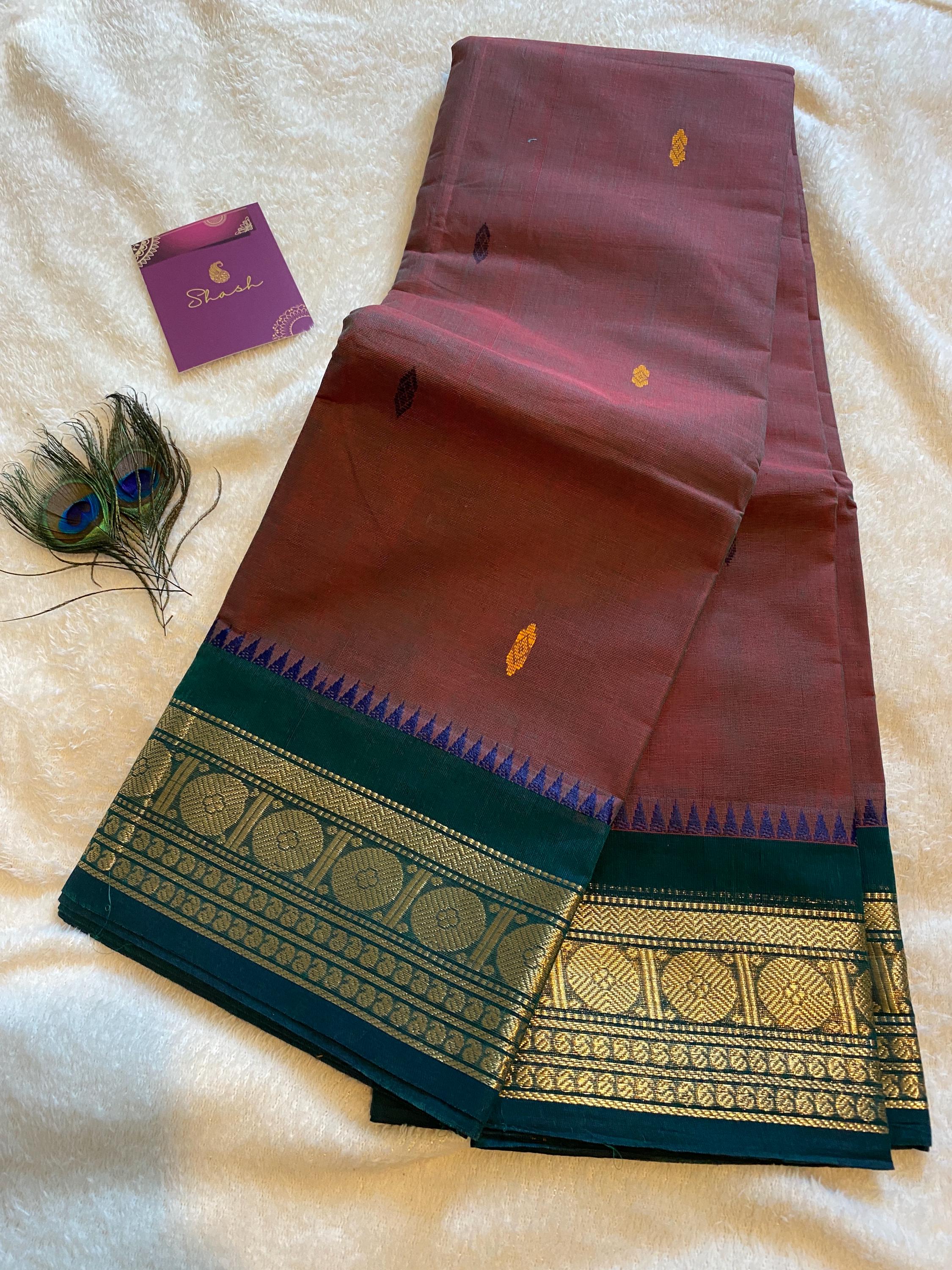 Dual-Tone Brownish Maroon Pure Kanchi Cotton Saree with Green & Gold Border