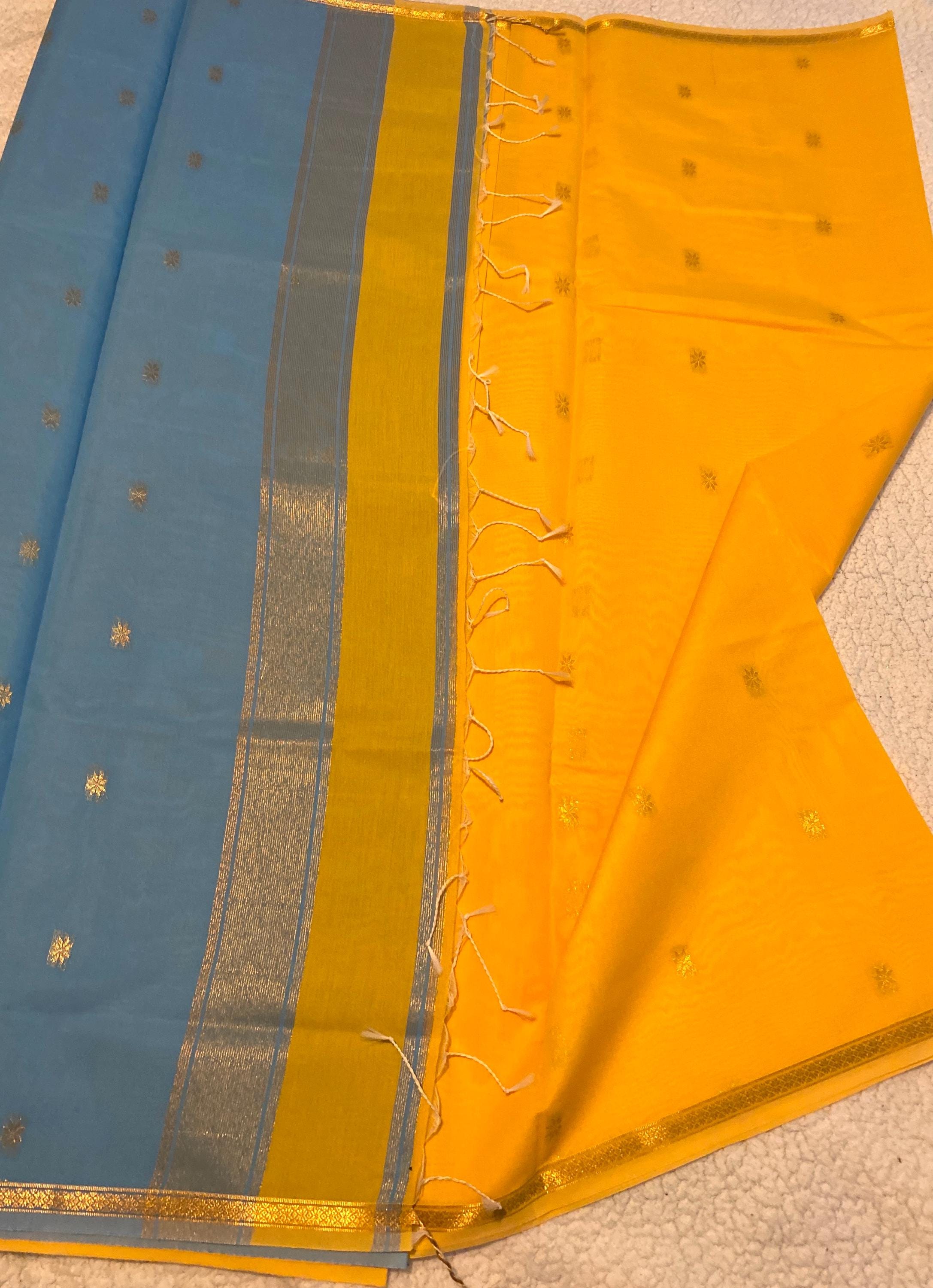 Maheshwari Cotton Silk Saree – Bright Yellow with Sky Blue Pallu & Blouse