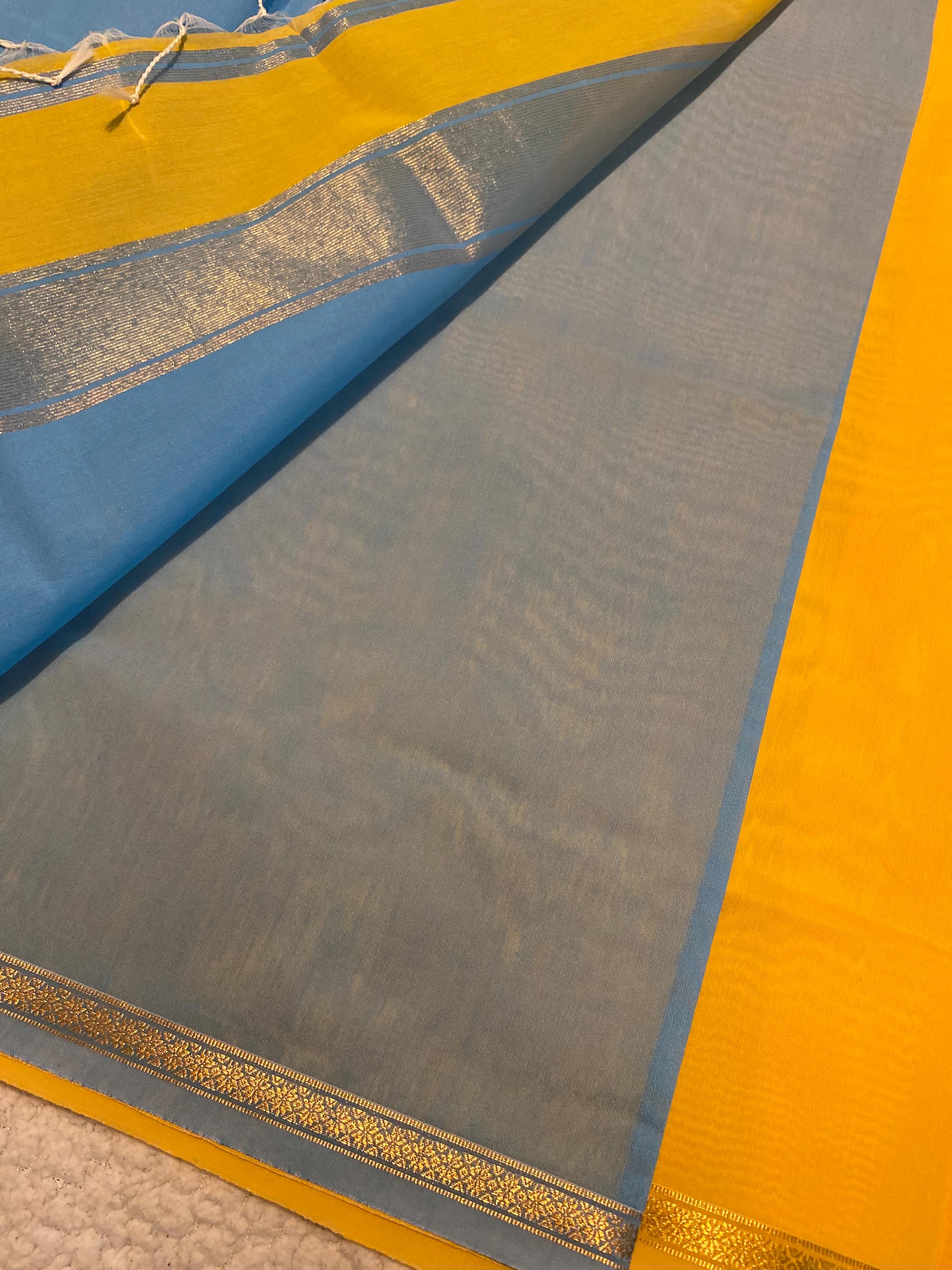 Maheshwari Cotton Silk Saree – Bright Yellow with Sky Blue Pallu & Blouse