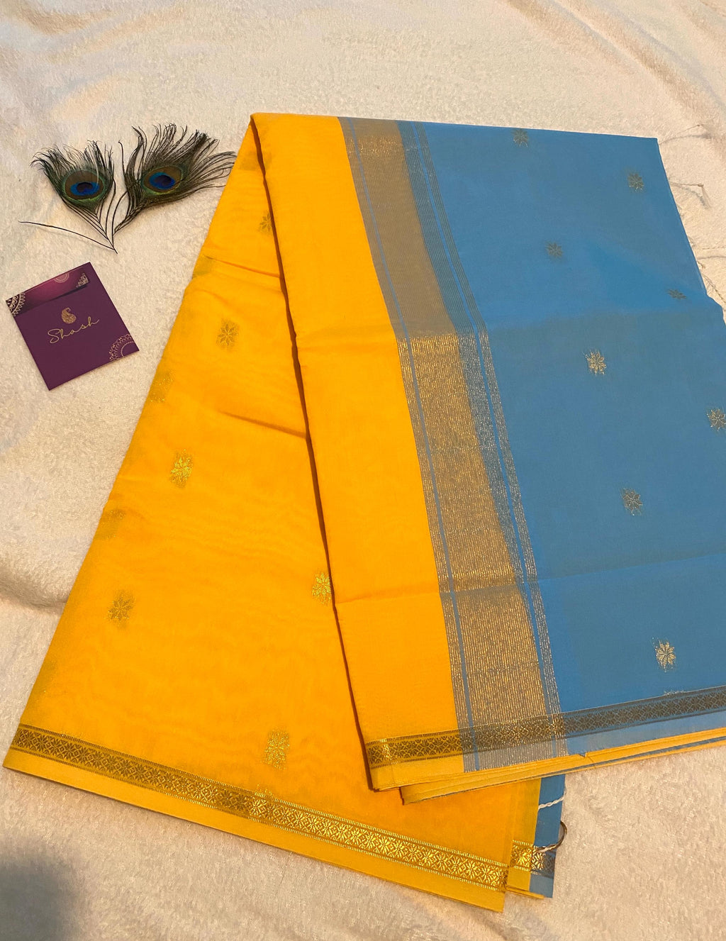 Maheshwari Cotton Silk Saree – Bright Yellow with Sky Blue Pallu & Blouse