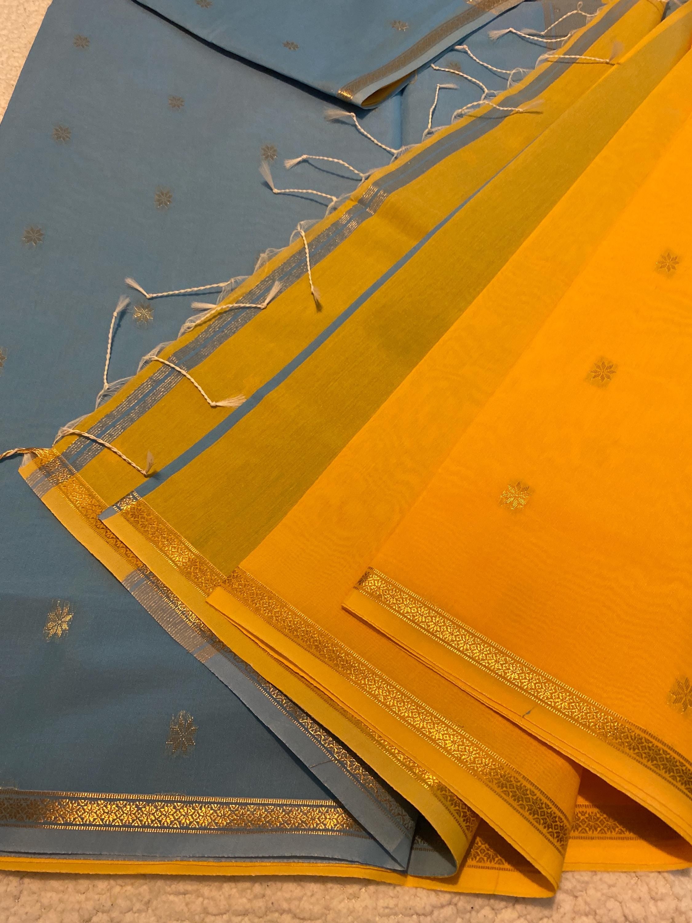 Maheshwari Cotton Silk Saree – Bright Yellow with Sky Blue Pallu & Blouse