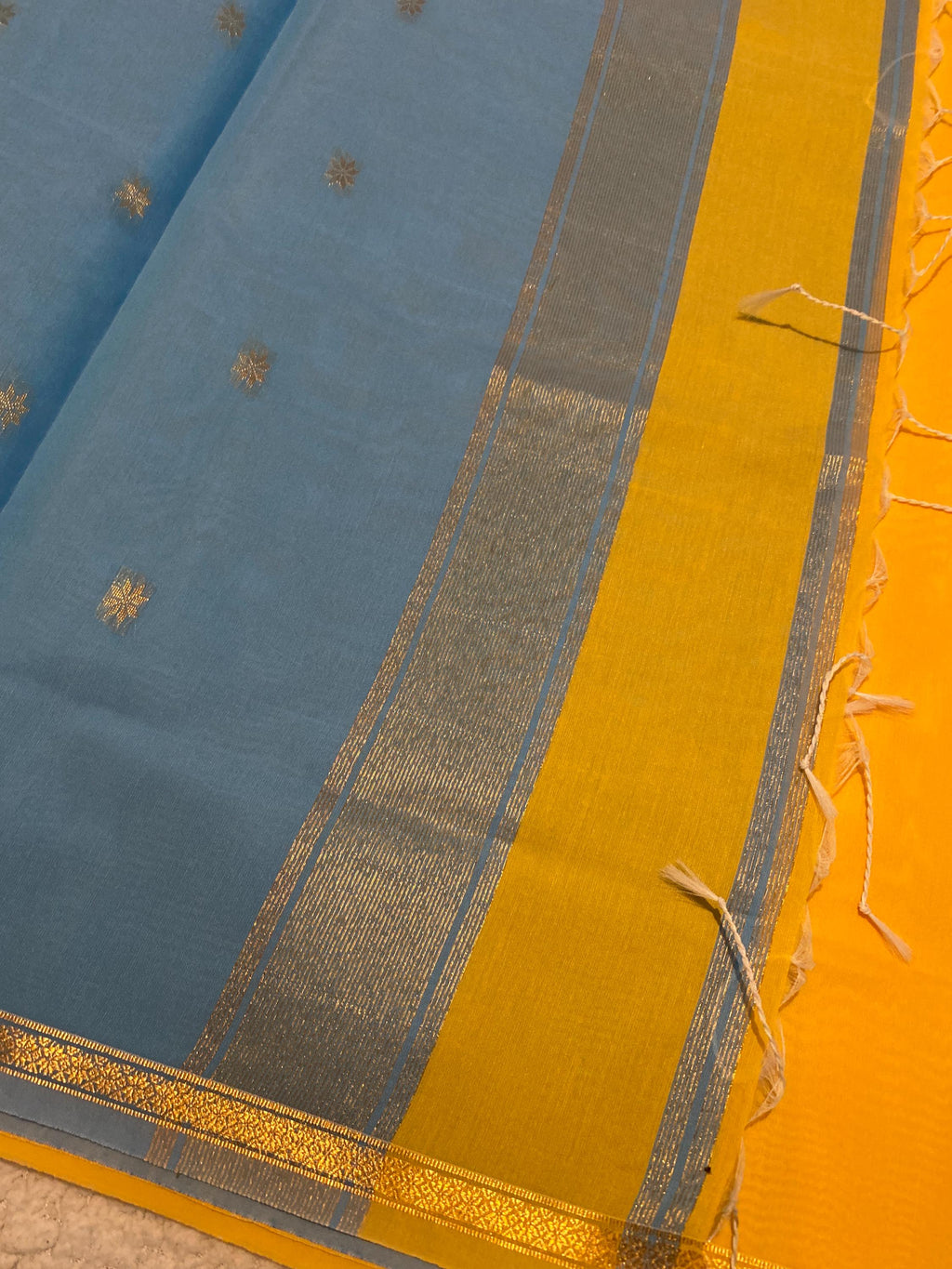 Maheshwari Cotton Silk Saree – Bright Yellow with Sky Blue Pallu & Blouse