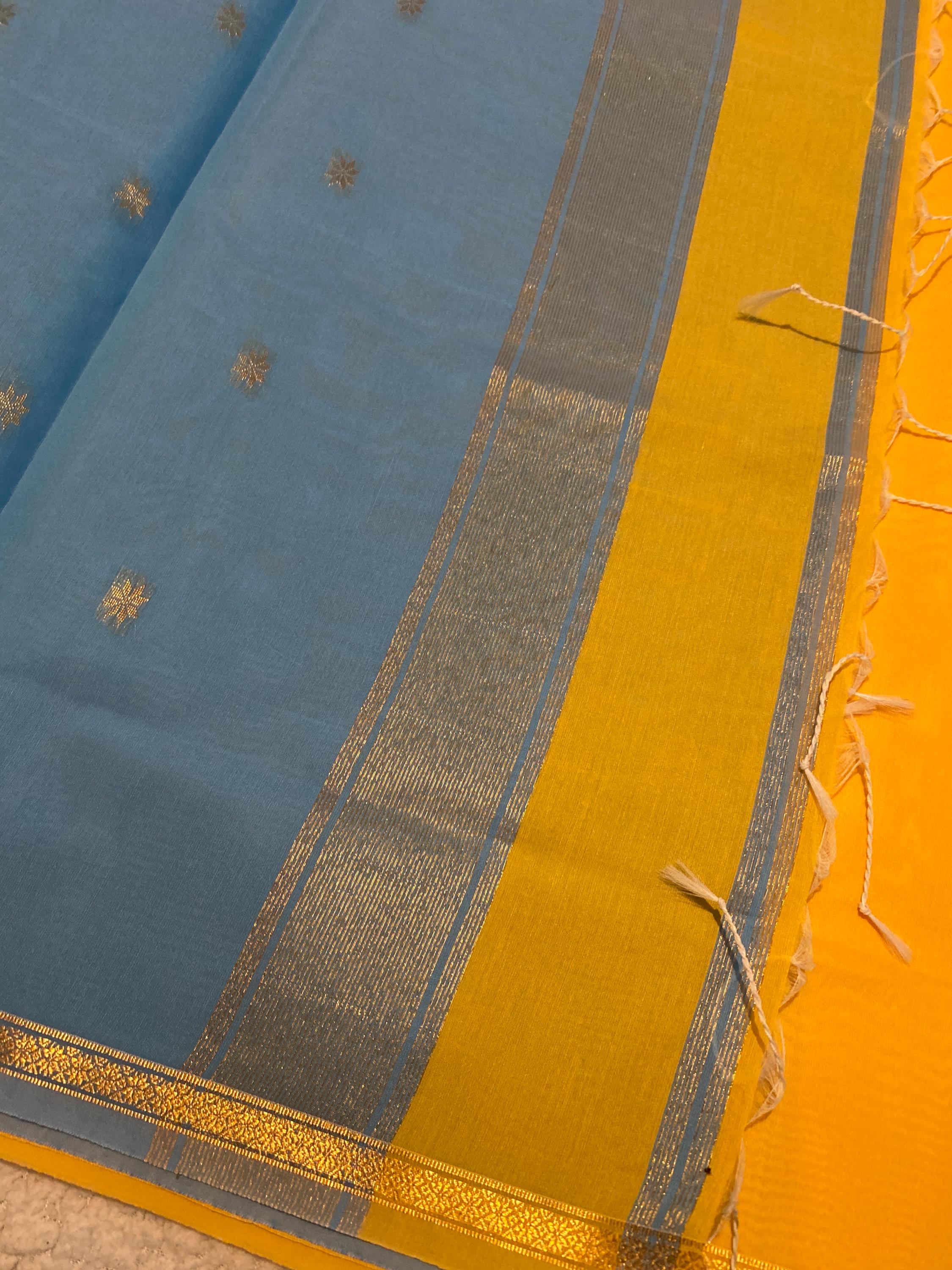 Maheshwari Cotton Silk Saree – Bright Yellow with Sky Blue Pallu & Blouse