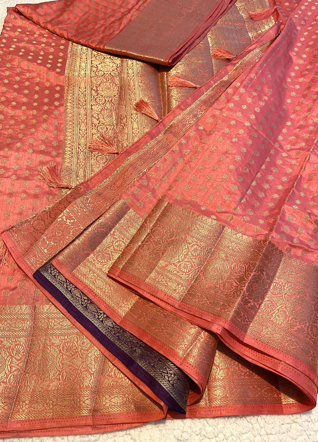 Coral Pink Fancy Tussar Silk Saree with Deep Purple Brocade Blouse | Lightweight Wedding & Festive Wear | UK