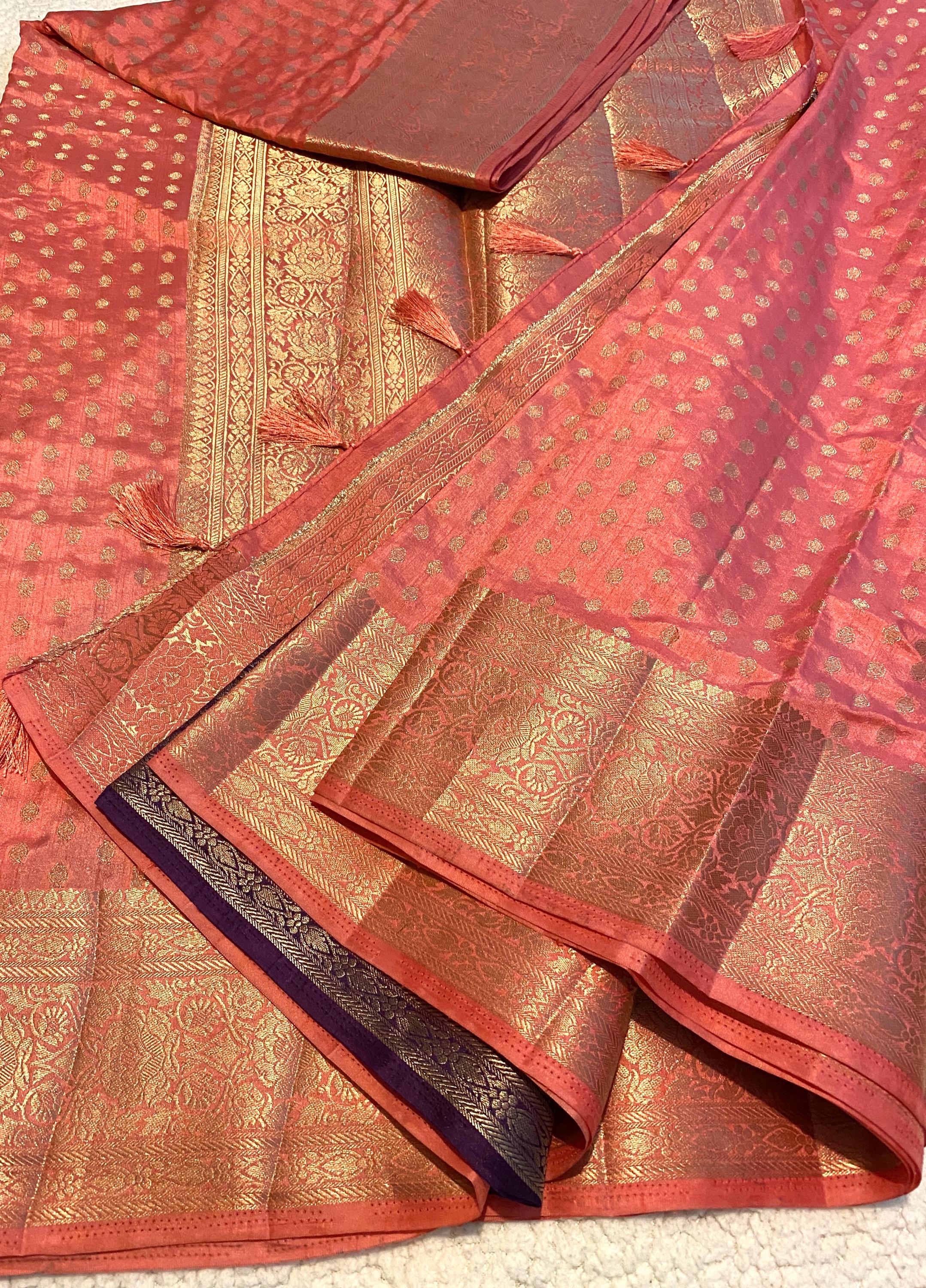 Coral Pink Fancy Tussar Silk Saree with Deep Purple Brocade Blouse | Lightweight Wedding & Festive Wear | UK