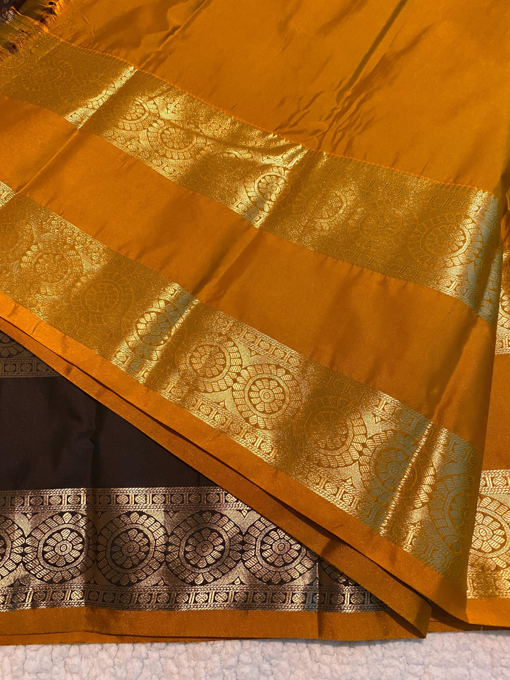 Premium Coffee Brown Semi Kanchipuram Silk Saree with Mustard Blouse Piece