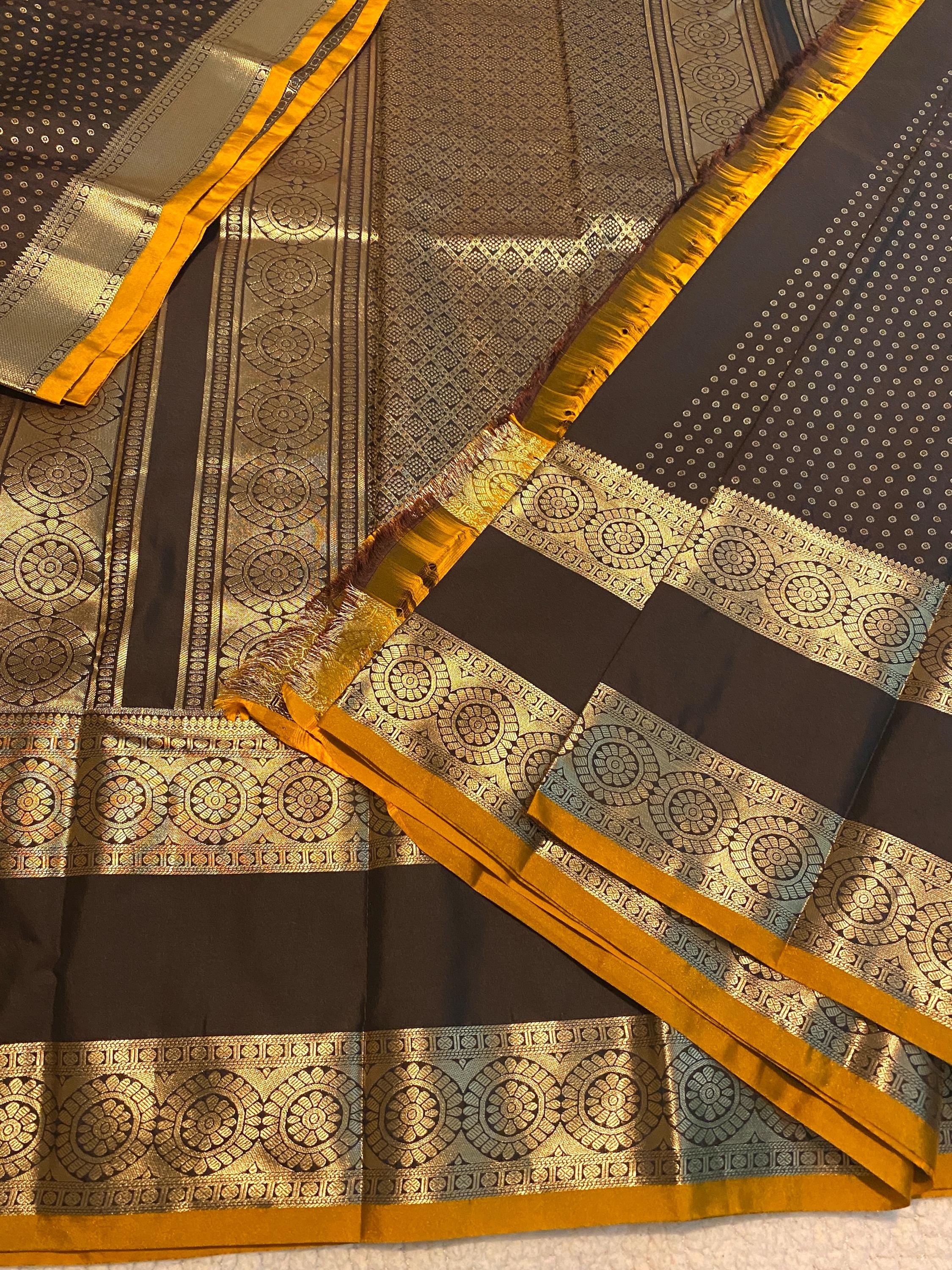 Premium Coffee Brown Semi Kanchipuram Silk Saree with Mustard Blouse Piece