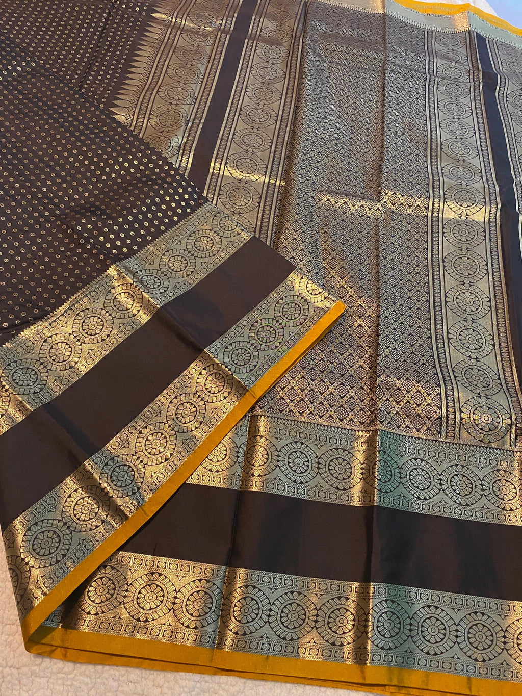 Premium Coffee Brown Semi Kanchipuram Silk Saree with Mustard Blouse Piece