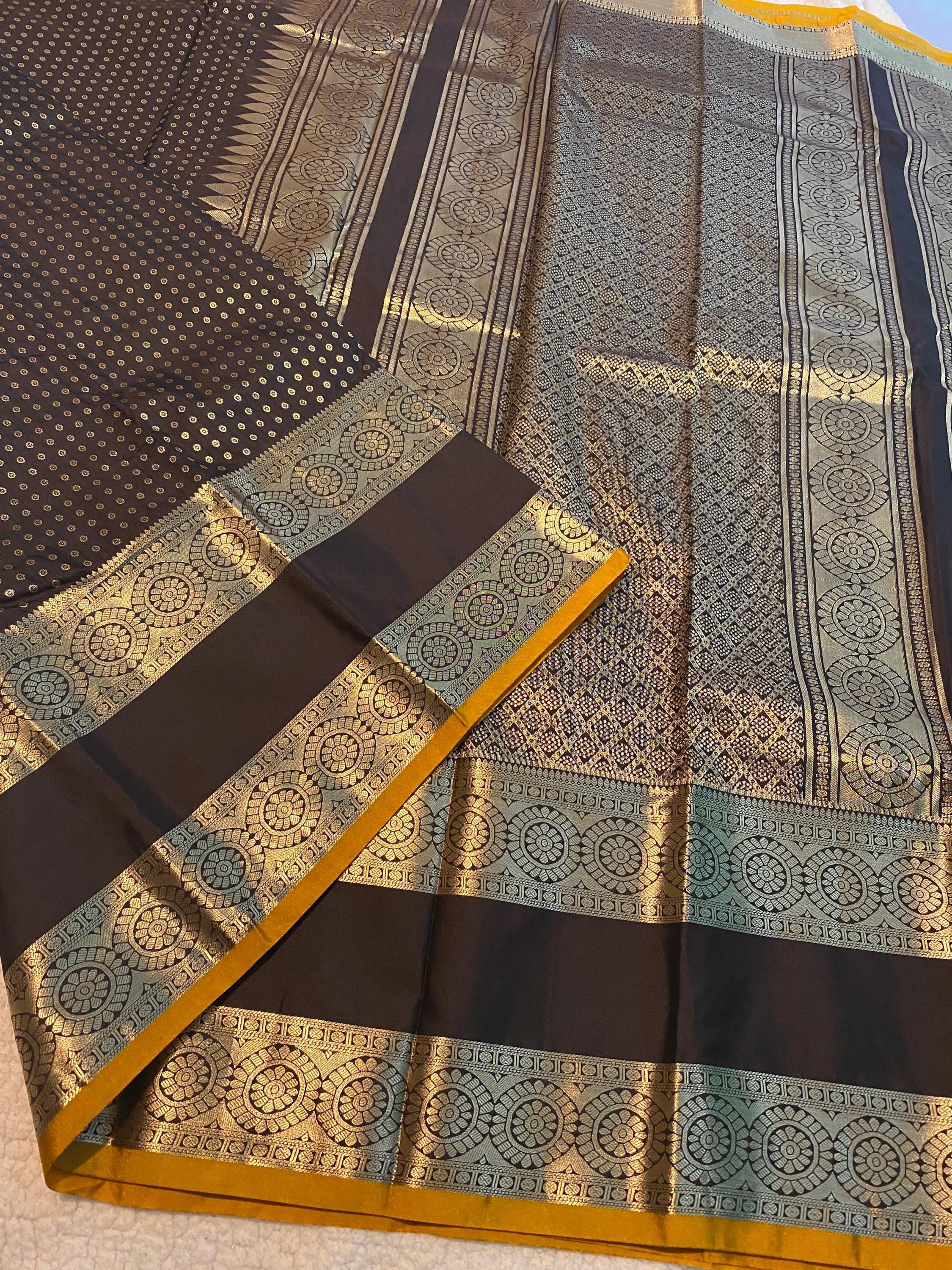 Premium Coffee Brown Semi Kanchipuram Silk Saree with Mustard Blouse Piece