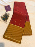 Elegant Reddish Maroon Semi-Kanchipuram Silk Saree with Mustard Pallu & Gold Zari Border