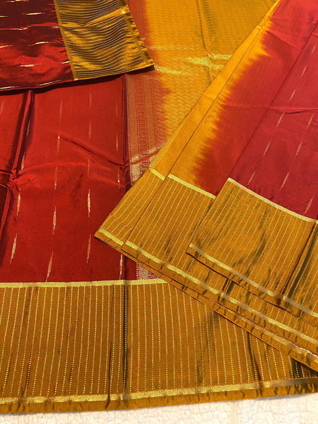 Elegant Reddish Maroon Semi-Kanchipuram Silk Saree with Mustard Pallu & Gold Zari Border