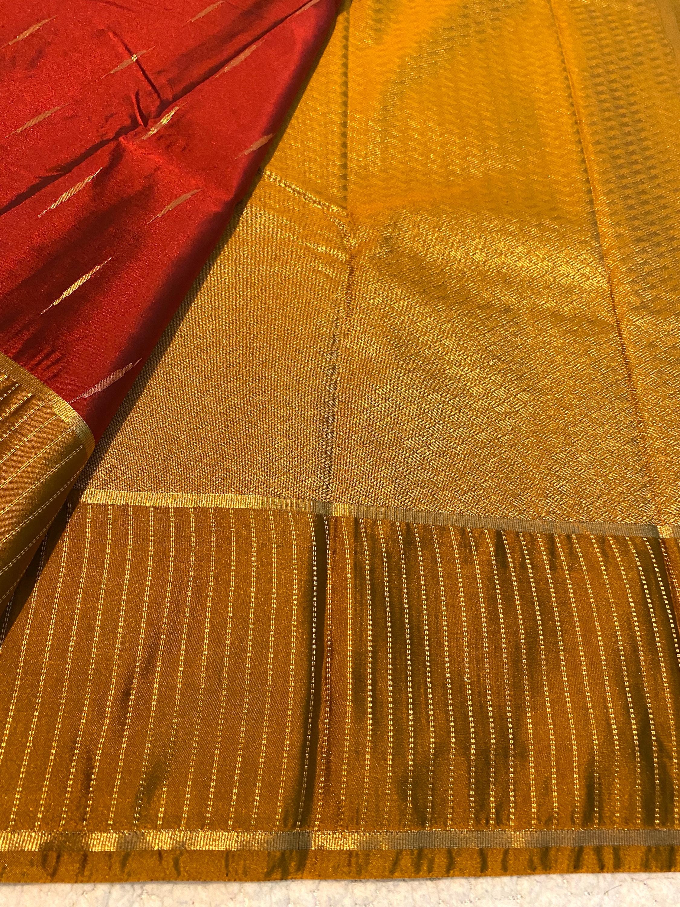 Elegant Reddish Maroon Semi-Kanchipuram Silk Saree with Mustard Pallu & Gold Zari Border