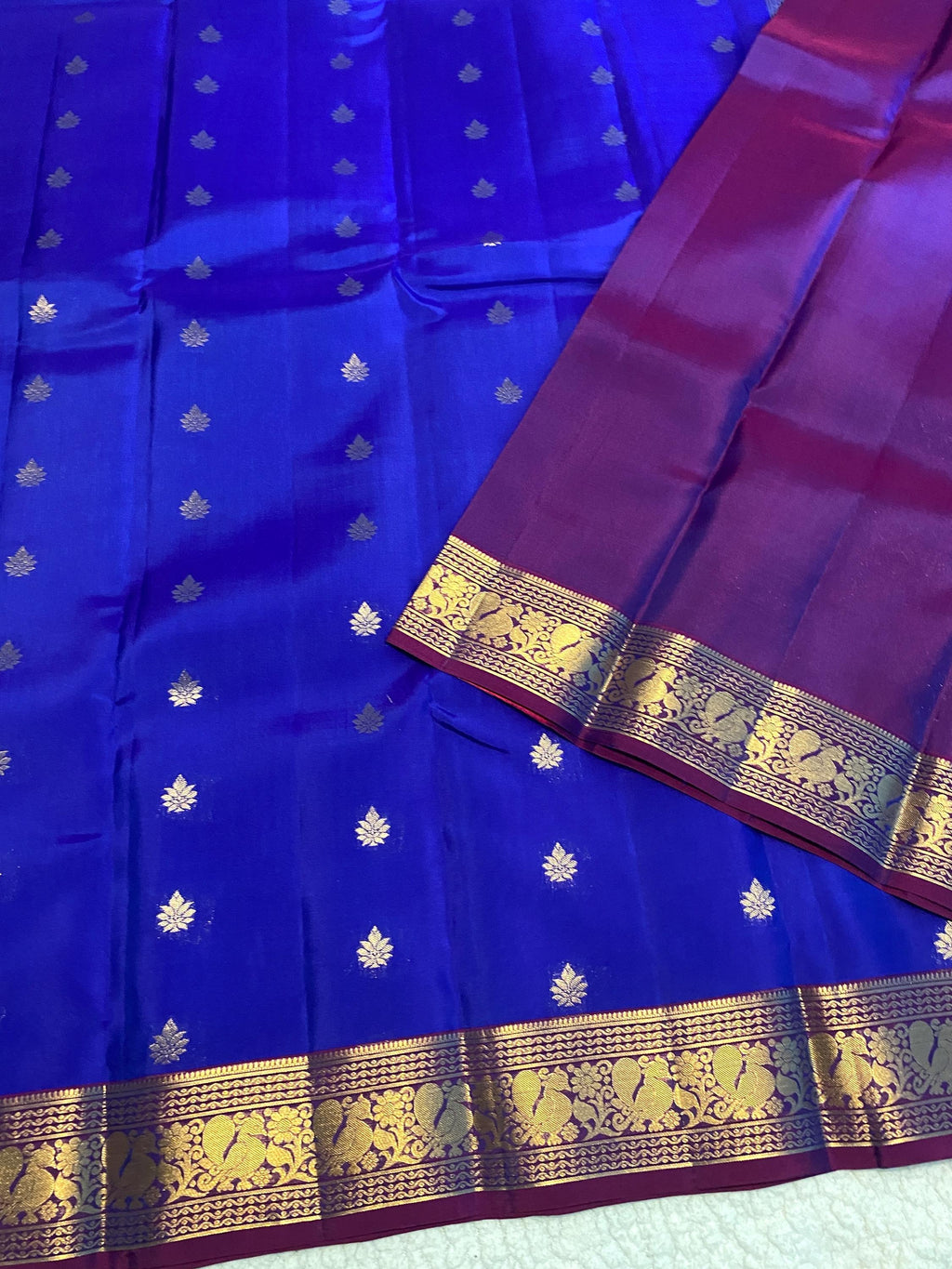 Pure Kanchipuram Silk Saree | Royal Blue with Rich Purple Border & Peacock Zari