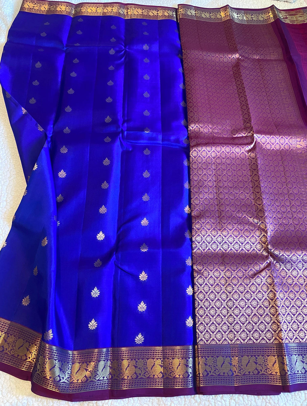 Pure Kanchipuram Silk Saree | Royal Blue with Rich Purple Border & Peacock Zari