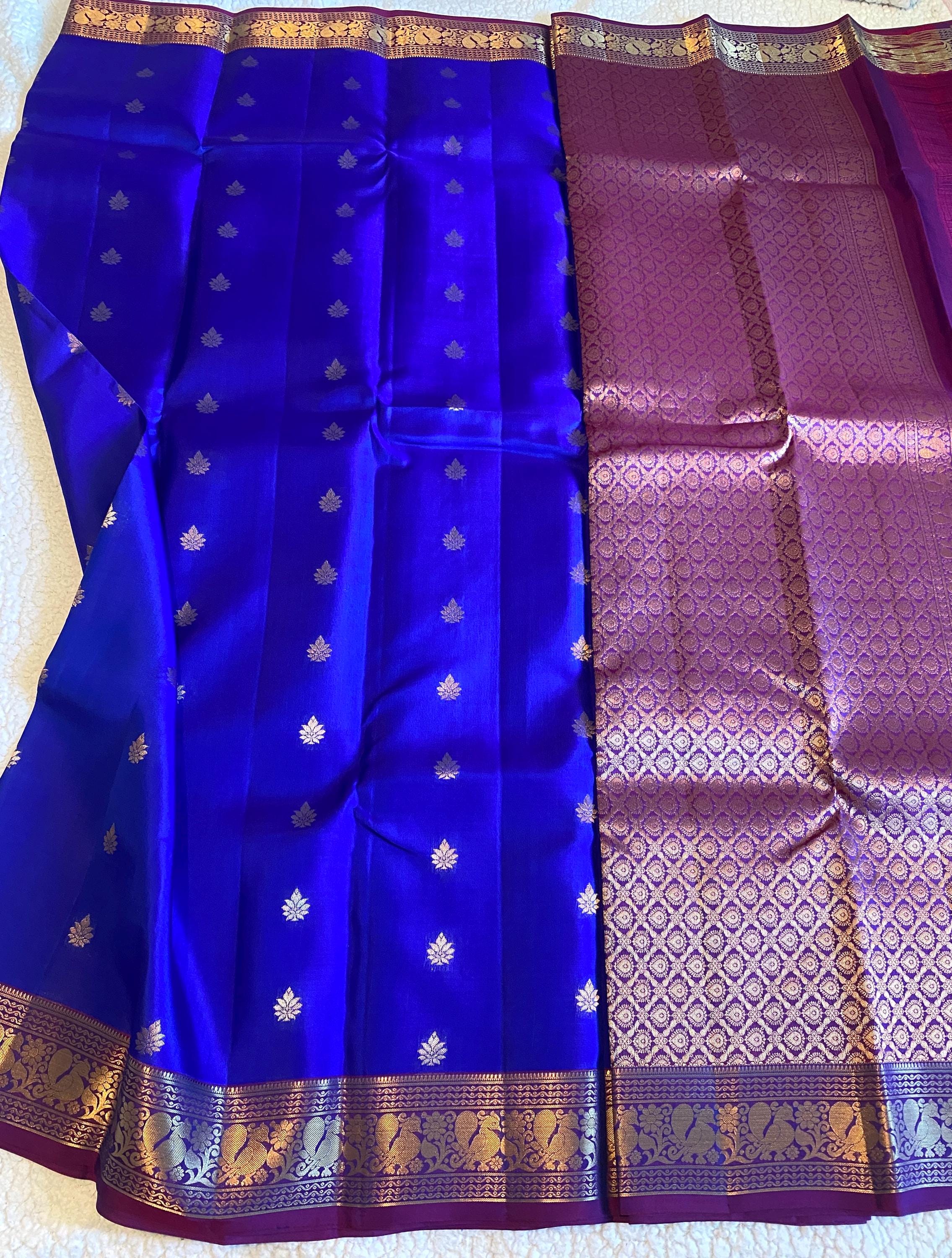 Pure Kanchipuram Silk Saree | Royal Blue with Rich Purple Border & Peacock Zari