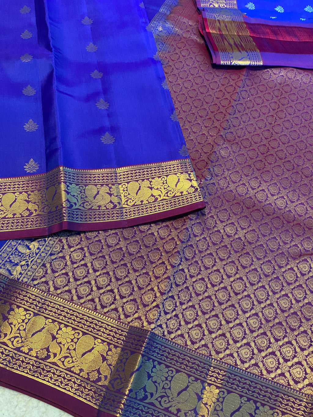 Pure Kanchipuram Silk Saree | Royal Blue with Rich Purple Border & Peacock Zari