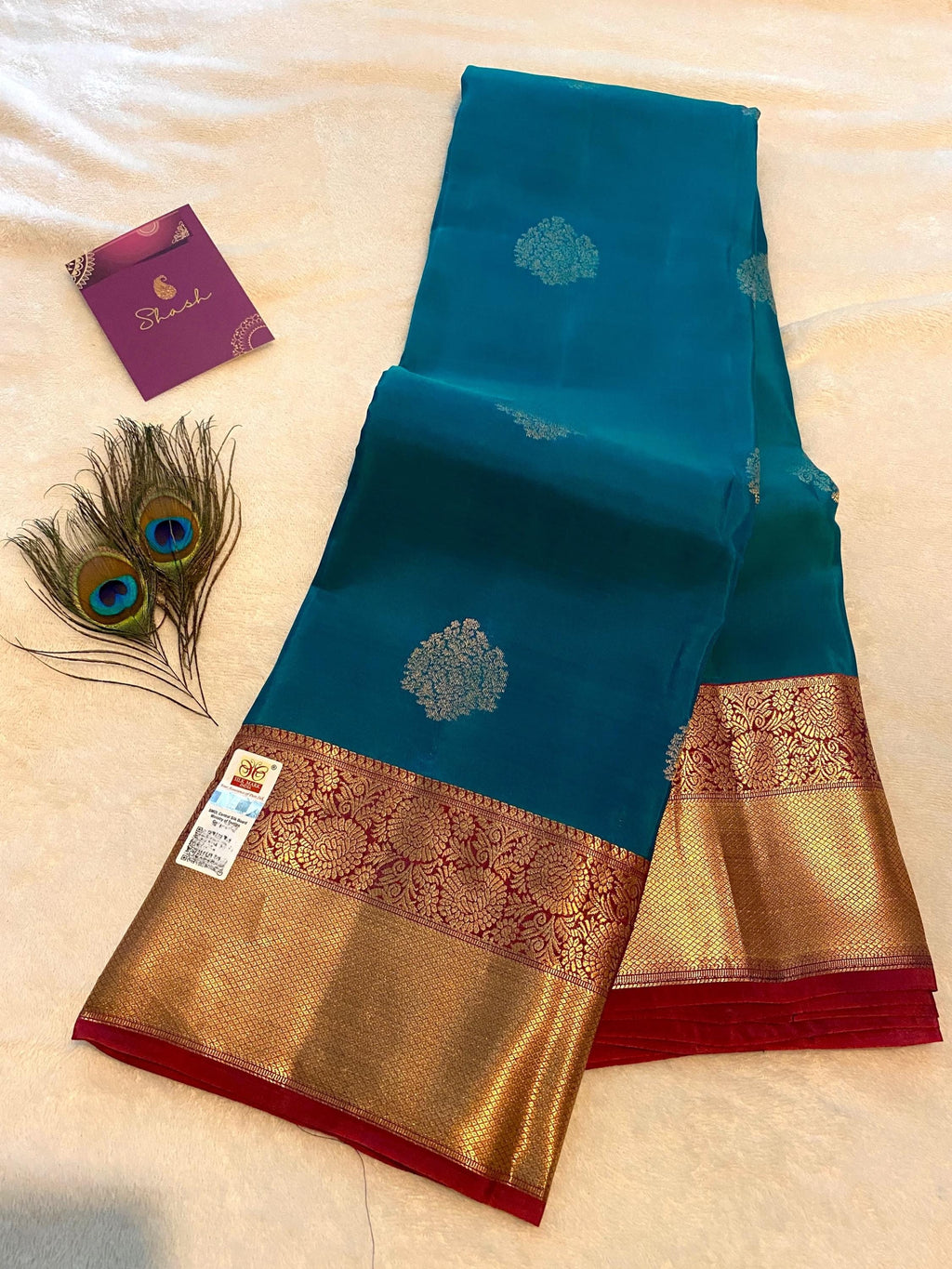 Pure Kanchipuram Silk Saree | Peacock Blue Dual Tone with Maroon Zari Border