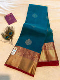 Pure Kanchipuram Silk Saree | Peacock Blue Dual Tone with Maroon Zari Border